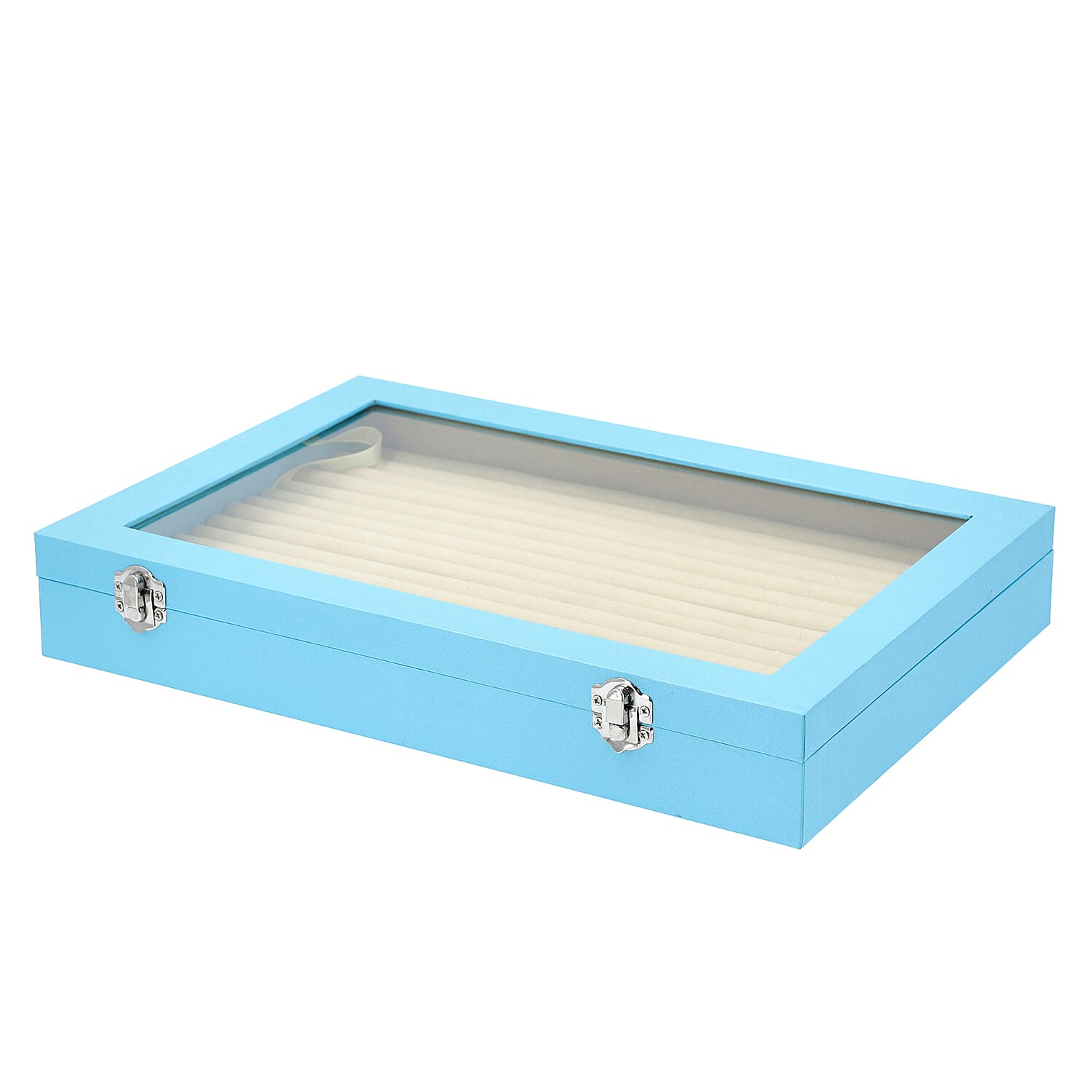 150 Slot Ring Box with Acrylic Window and Anti Tarnish Lining Trinket Jewellery Organiser (Size 35x24x5 Cm) - Sky Blue