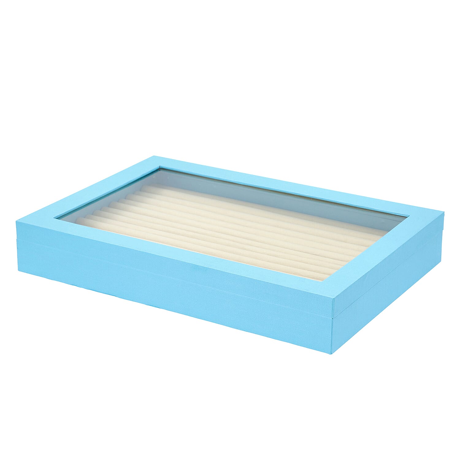 150 Slot Ring Box with Acrylic Window and Anti Tarnish Lining Trinket Jewellery Organiser (Size 35x24x5 Cm) - Sky Blue