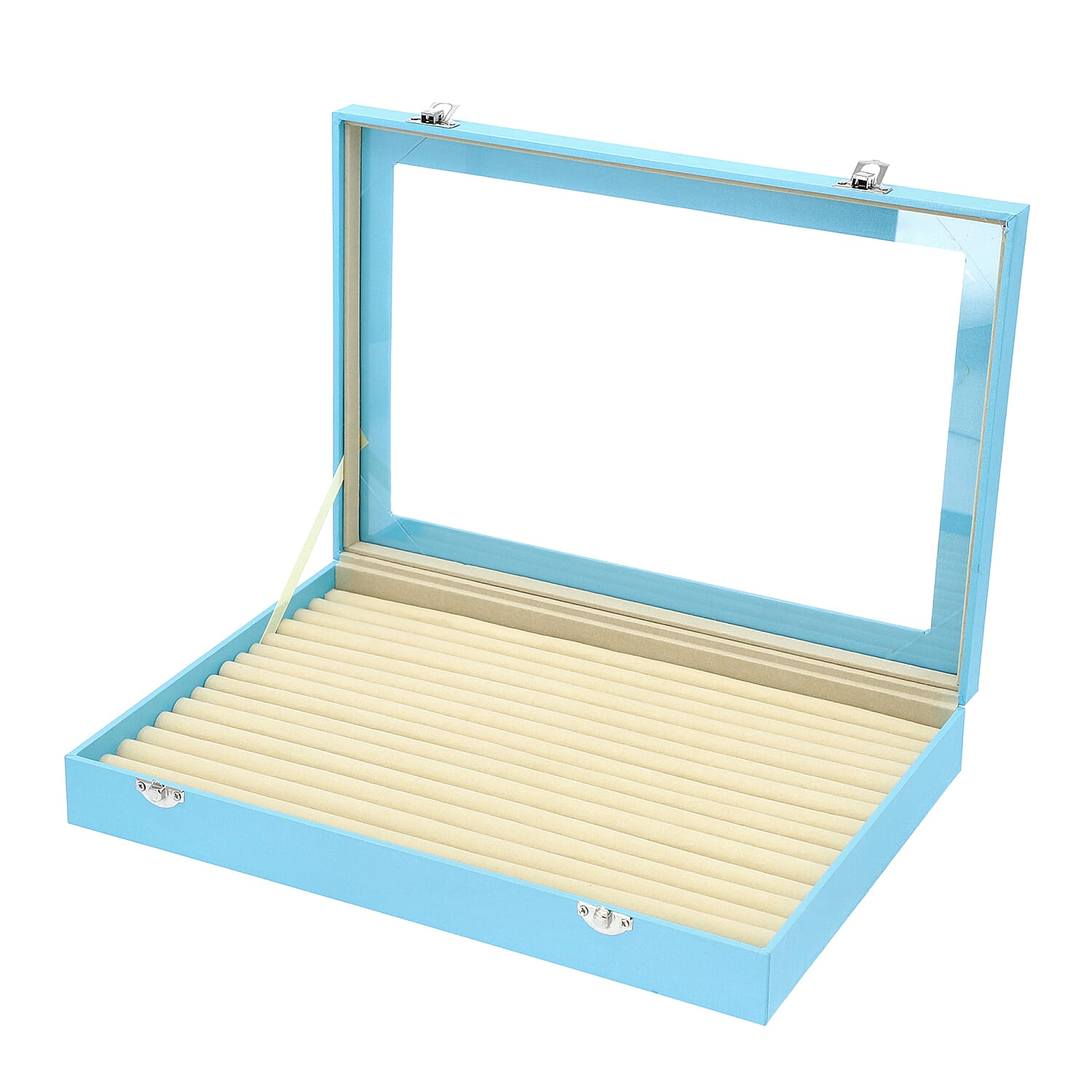 150 Slot Ring Box with Acrylic Window and Anti Tarnish Lining Trinket Jewellery Organiser (Size 35x24x5 Cm) - Sky Blue