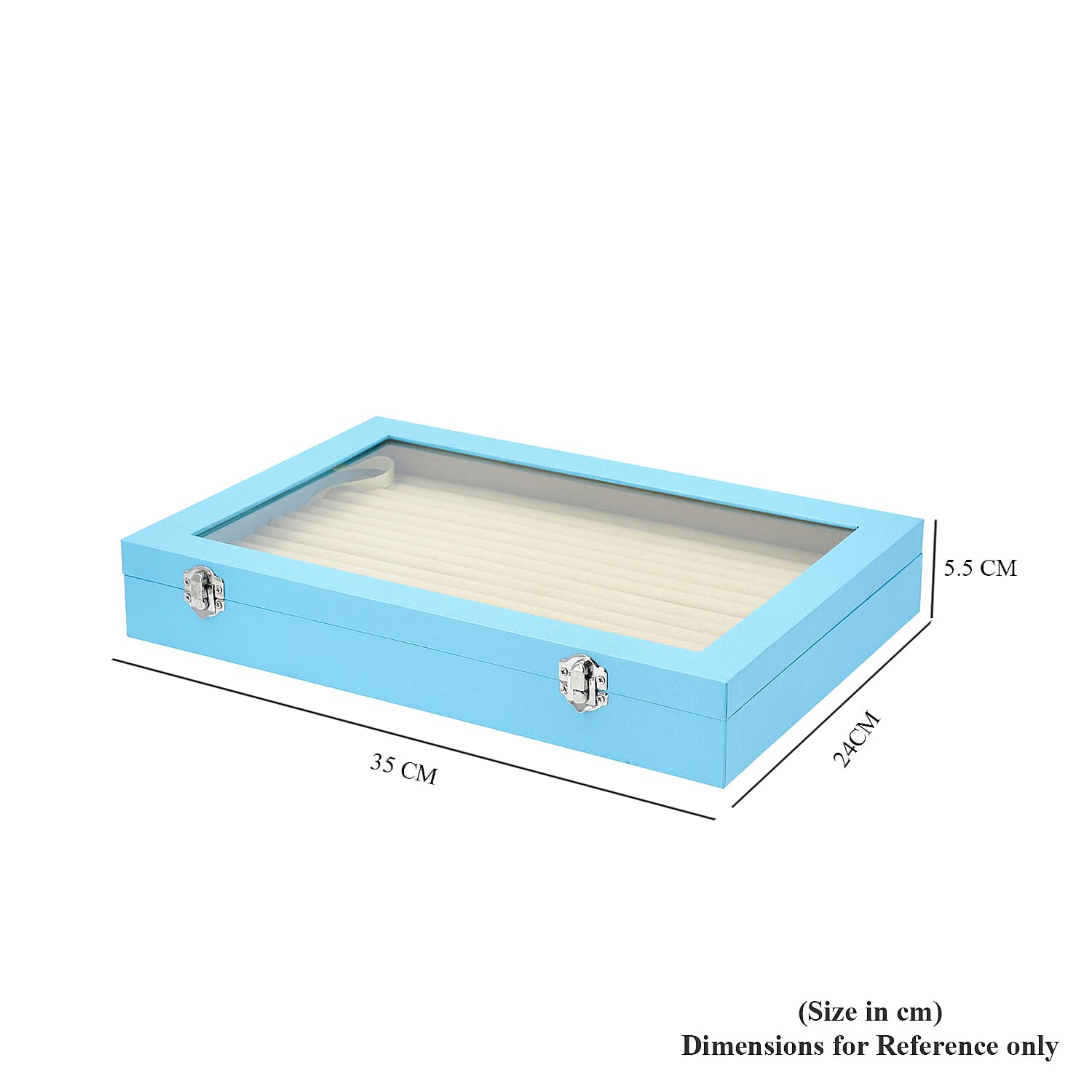 150 Slot Ring Box with Acrylic Window and Anti Tarnish Lining Trinket Jewellery Organiser (Size 35x24x5 Cm) - Sky Blue
