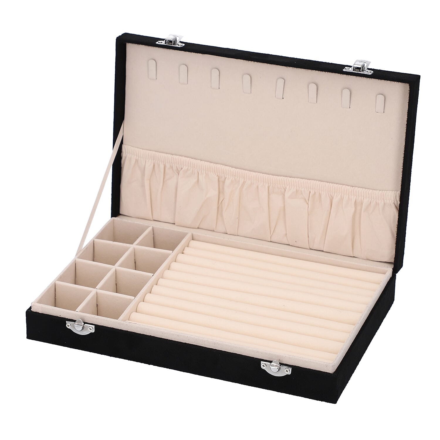 Velvet Jewelry box with lock top 8 hooks pocket base left 8 sections10 Ring Rows Inside Anti Tarnish lining - Black