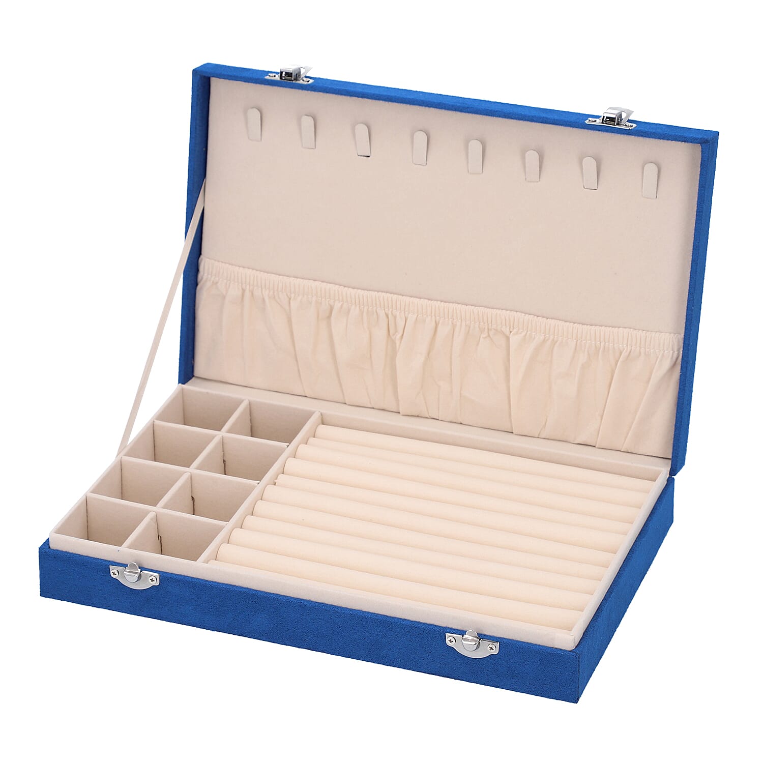 Portable Velvet Jewellery Box with Lock and Anti Tarnish Lining (Size:29x18x5 Cm) - Blue