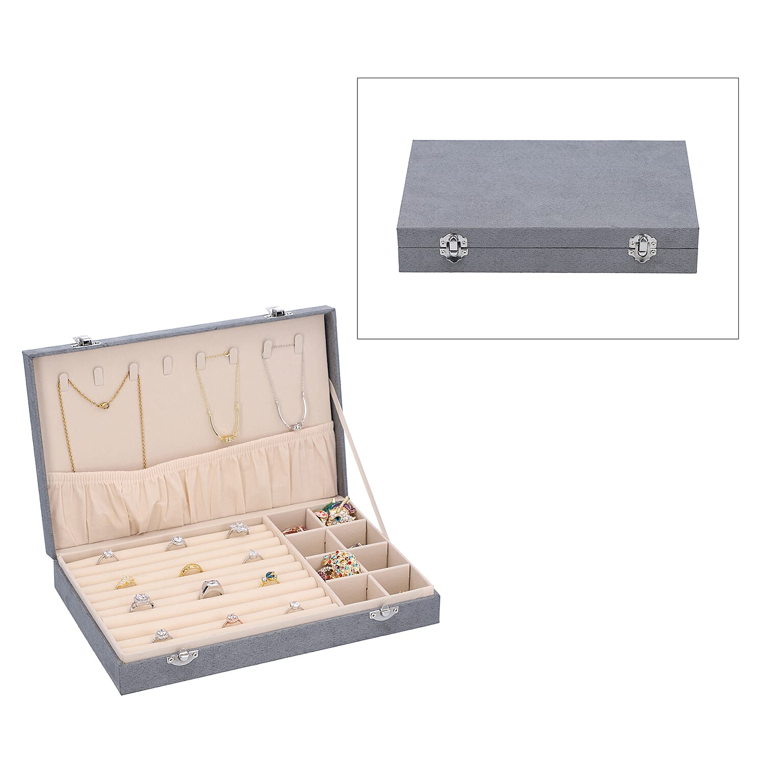 Portable Velvet Jewellery Box with Lock and Anti Tarnish Lining (Size:29x18.5x5.2Cm) - Grey