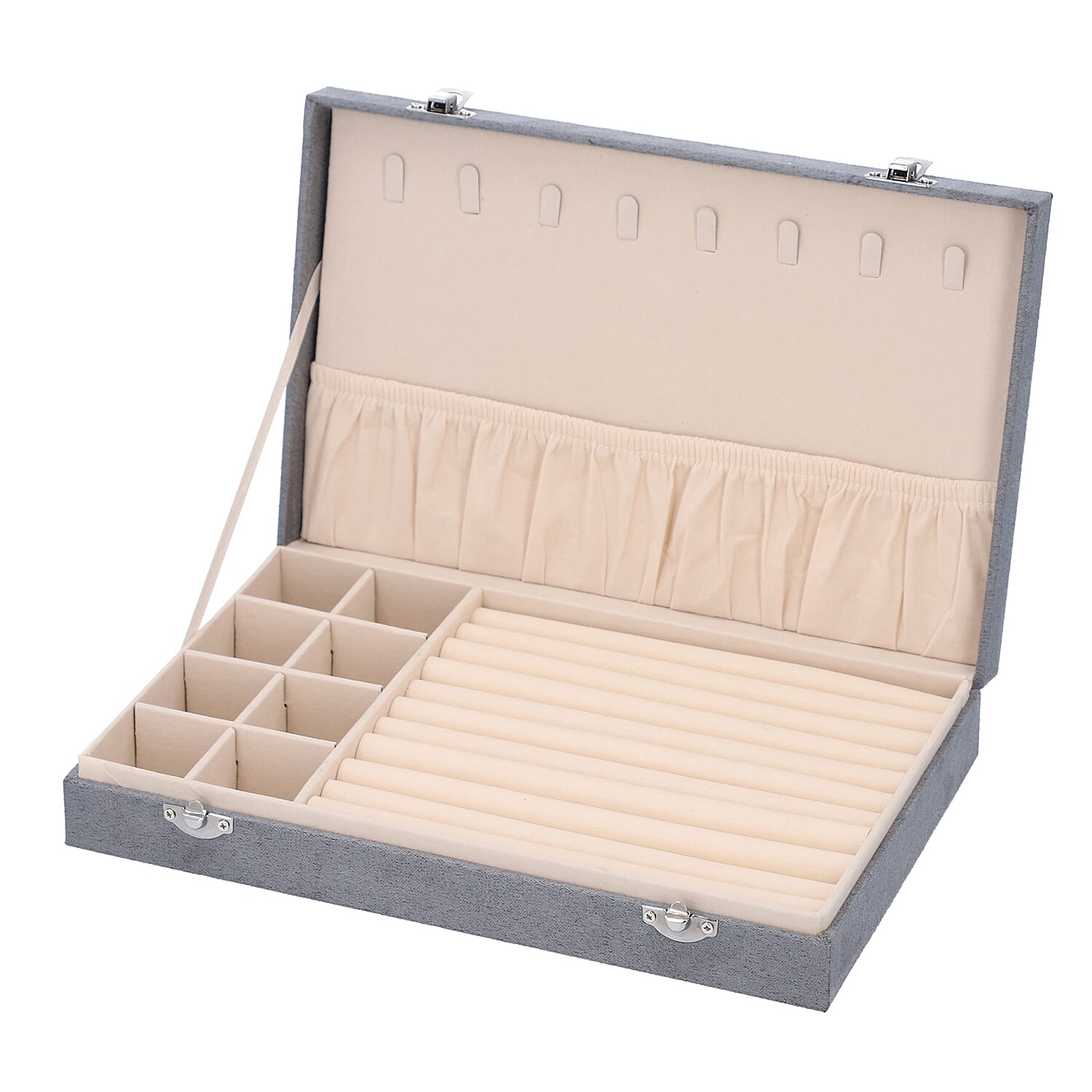 Portable Velvet Jewellery Box with Lock and Anti Tarnish Lining (Size:29x18.5x5.2Cm) - Grey