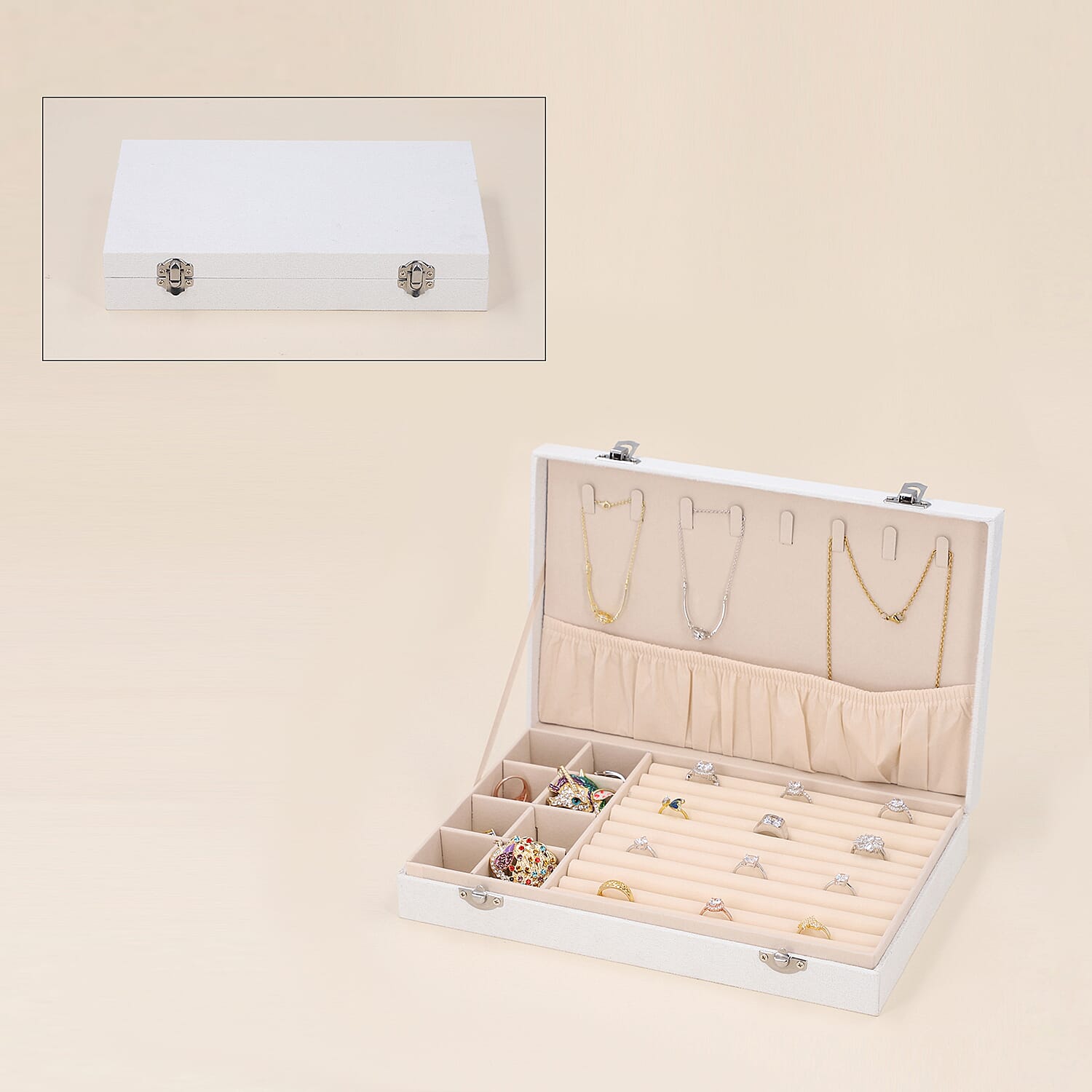 Portable Velvet Jewellery Box with Lock and Anti Tarnish Lining (Size-29x18x5Cm) - White