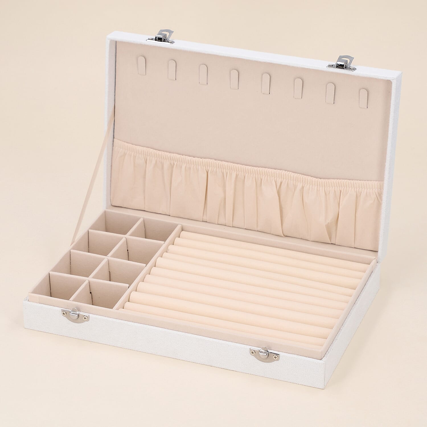 Portable Velvet Jewellery Box with Lock and Anti Tarnish Lining (Size-29x18x5Cm) - White