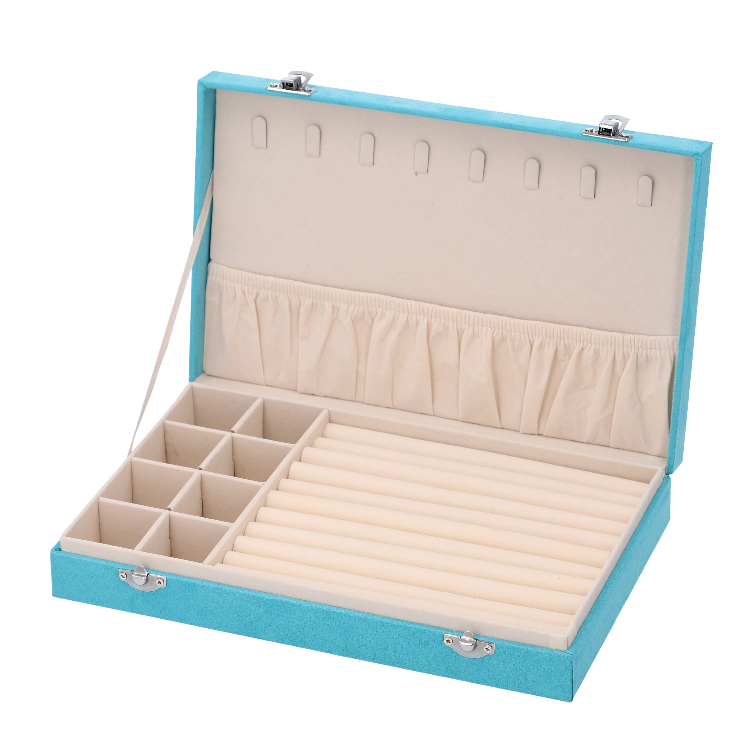 Portable Velvet Jewellery Box with Lock and Anti Tarnish Lining (Size:29x18x5 Cm) - Aqua Blue
