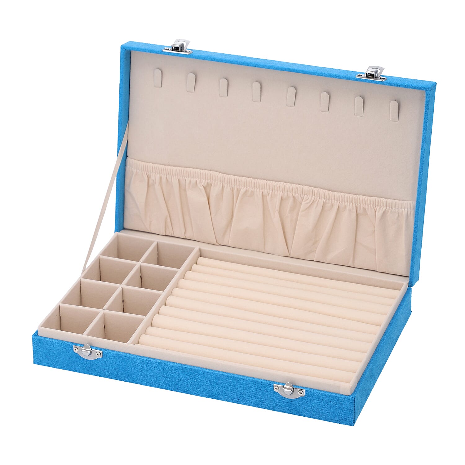 Portable Velvet Jewellery Box with Lock and Anti Tarnish Lining (Size:29x18x5Cm) - Turquoise Blue