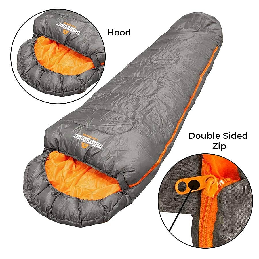 Mummy Sleeping Bag in Grey and Orange - Single - 2 Seasons (210x52x72 Cm)