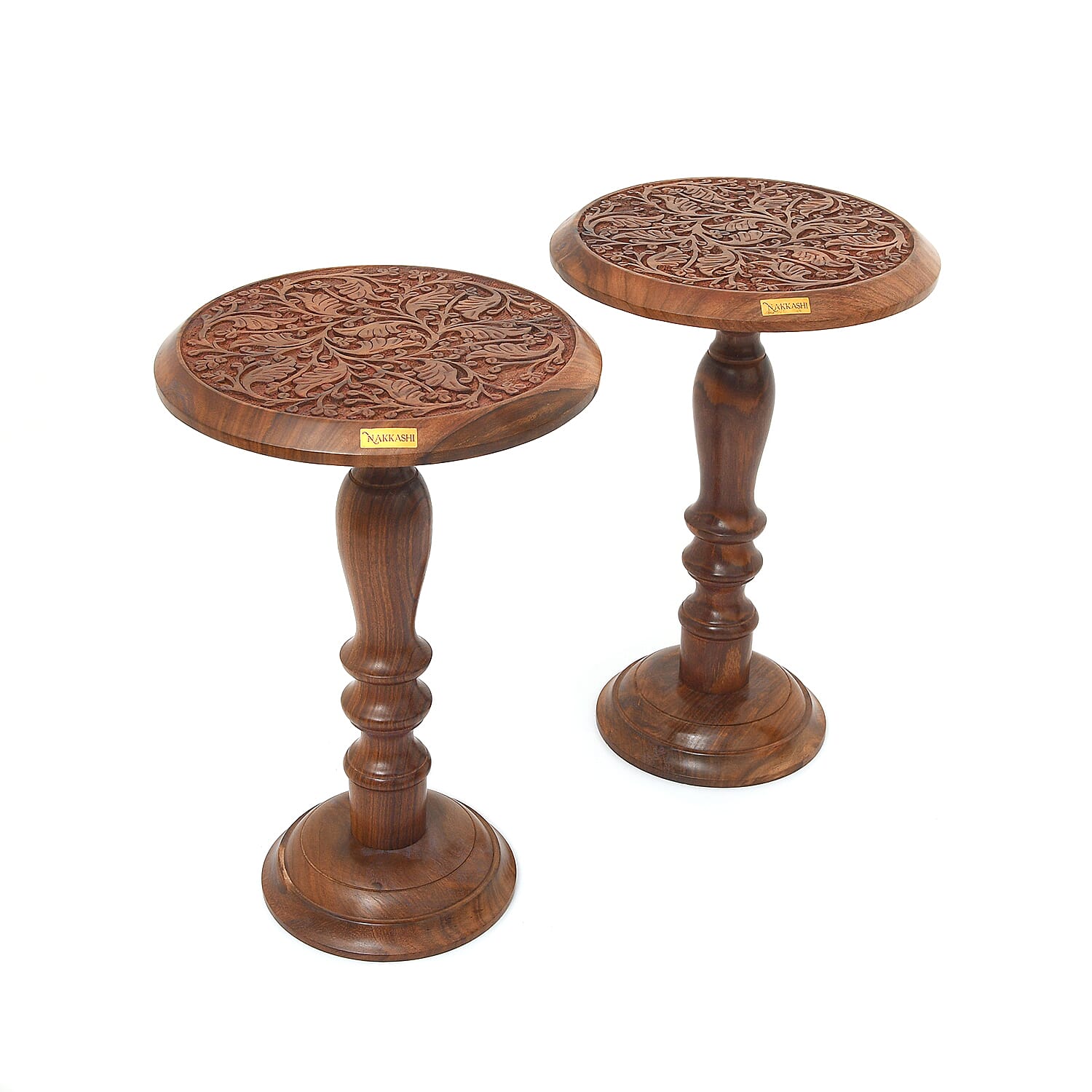 NAKKASHI Set of 2 - Sheehsam Wood Handcarved Bedside Pillar Table (Size 30x30x45Cm)