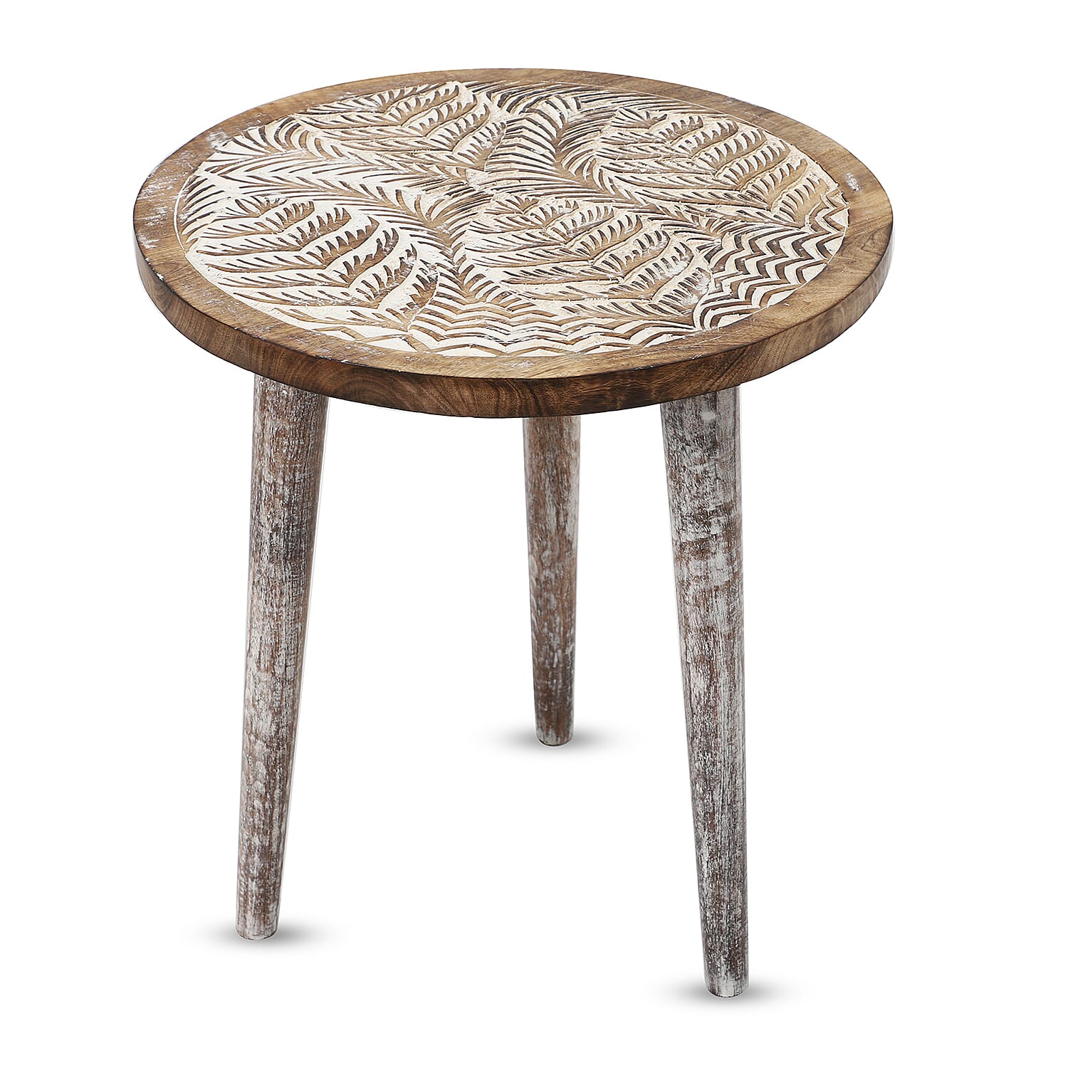 NAKKASHI Leaf Pattern Mango Wooden Table with Round Legs (Size 48x45 Cm)