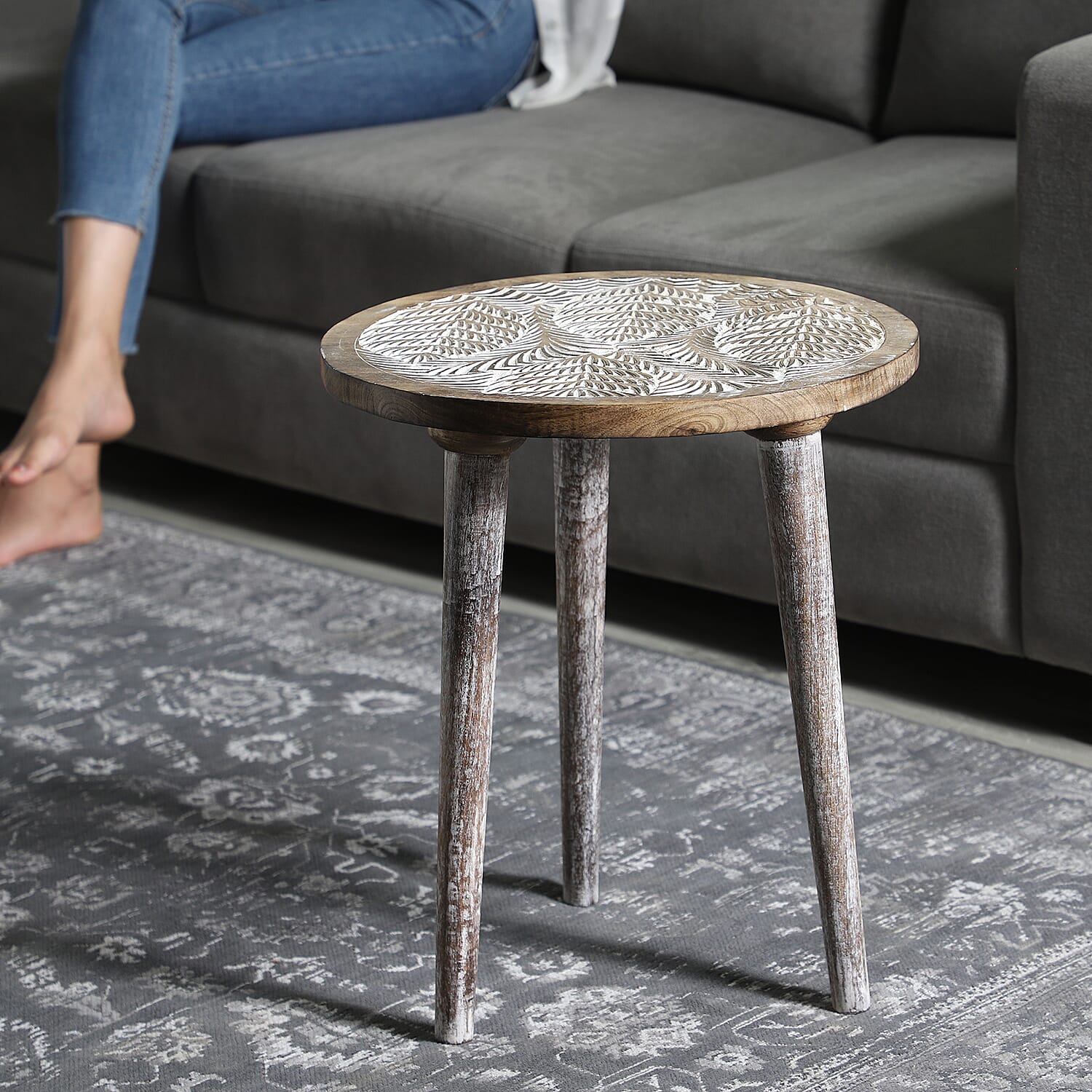 NAKKASHI Leaf Pattern Mango Wooden Table with Round Legs (Size 48x45 Cm)