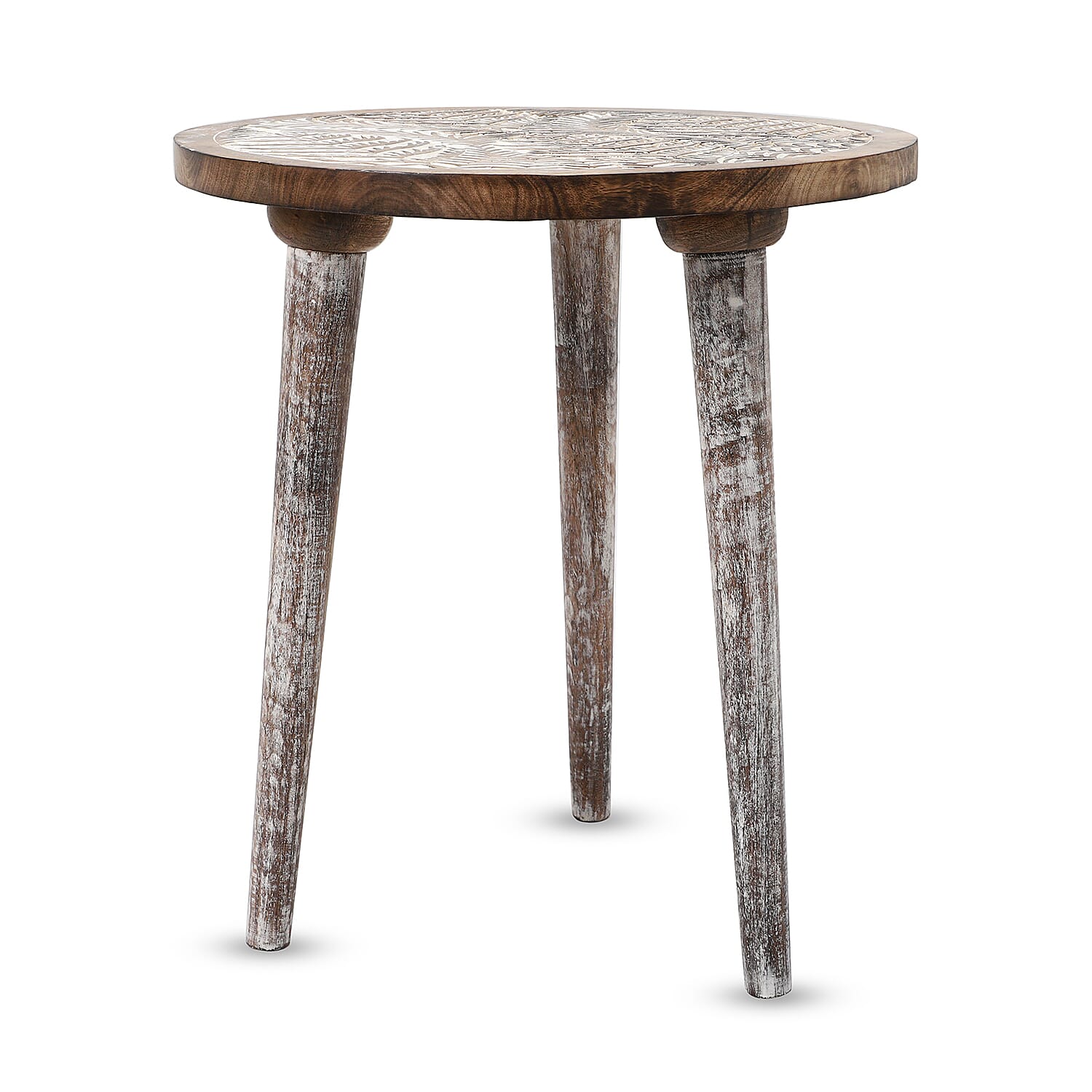 NAKKASHI Leaf Pattern Mango Wooden Table with Round Legs (Size 48x45 Cm)
