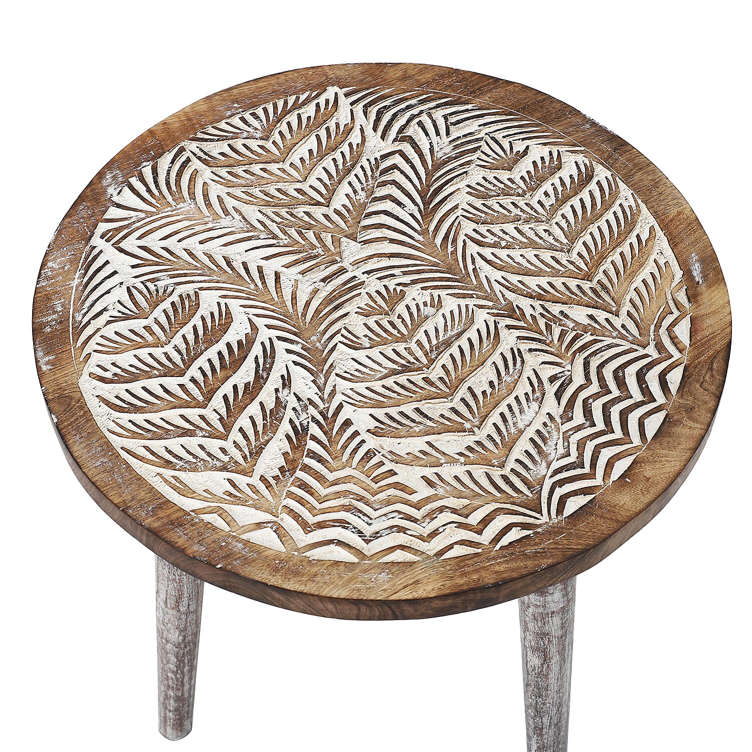 NAKKASHI Leaf Pattern Mango Wooden Table with Round Legs (Size 48x45 Cm)