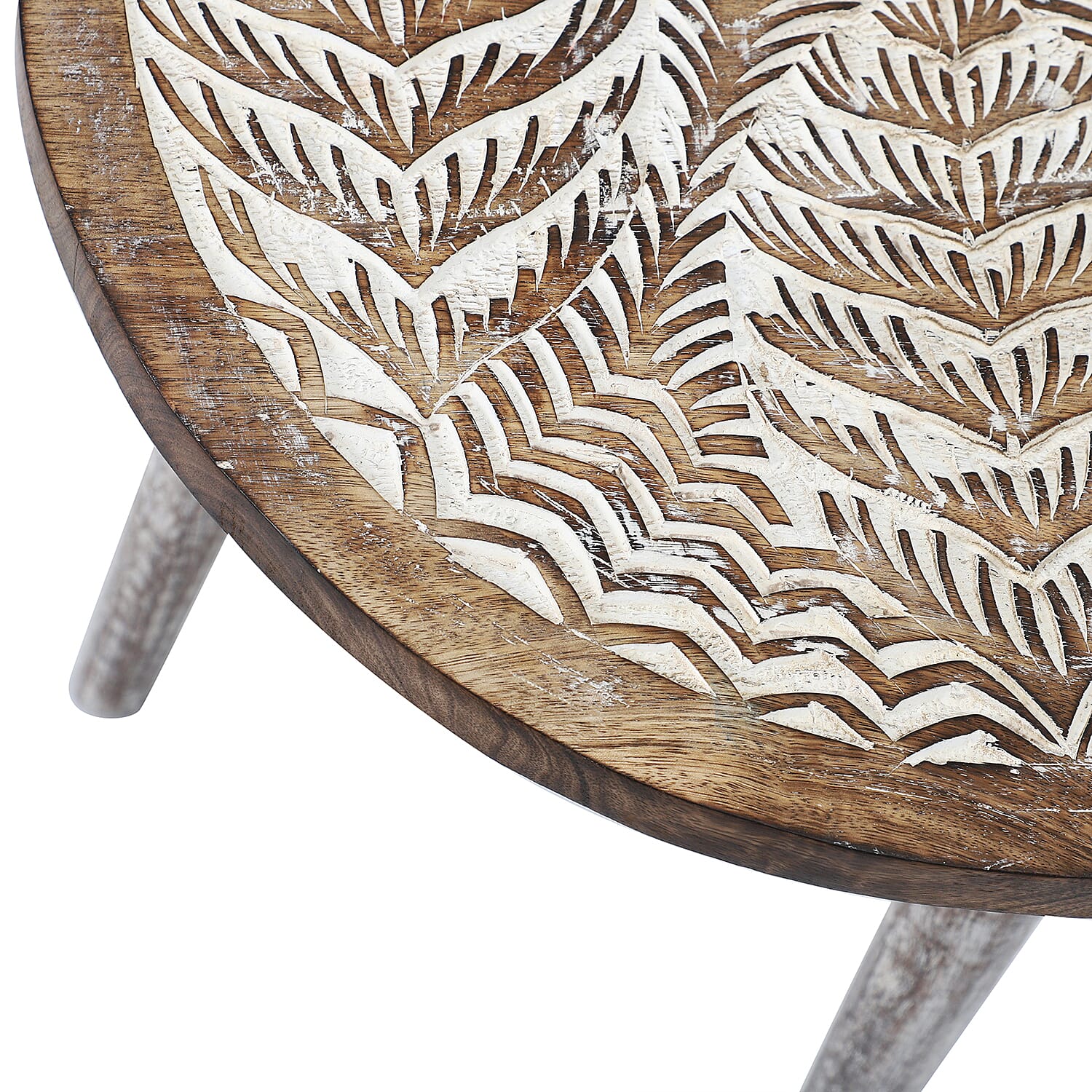 NAKKASHI Leaf Pattern Mango Wooden Table with Round Legs (Size 48x45 Cm)