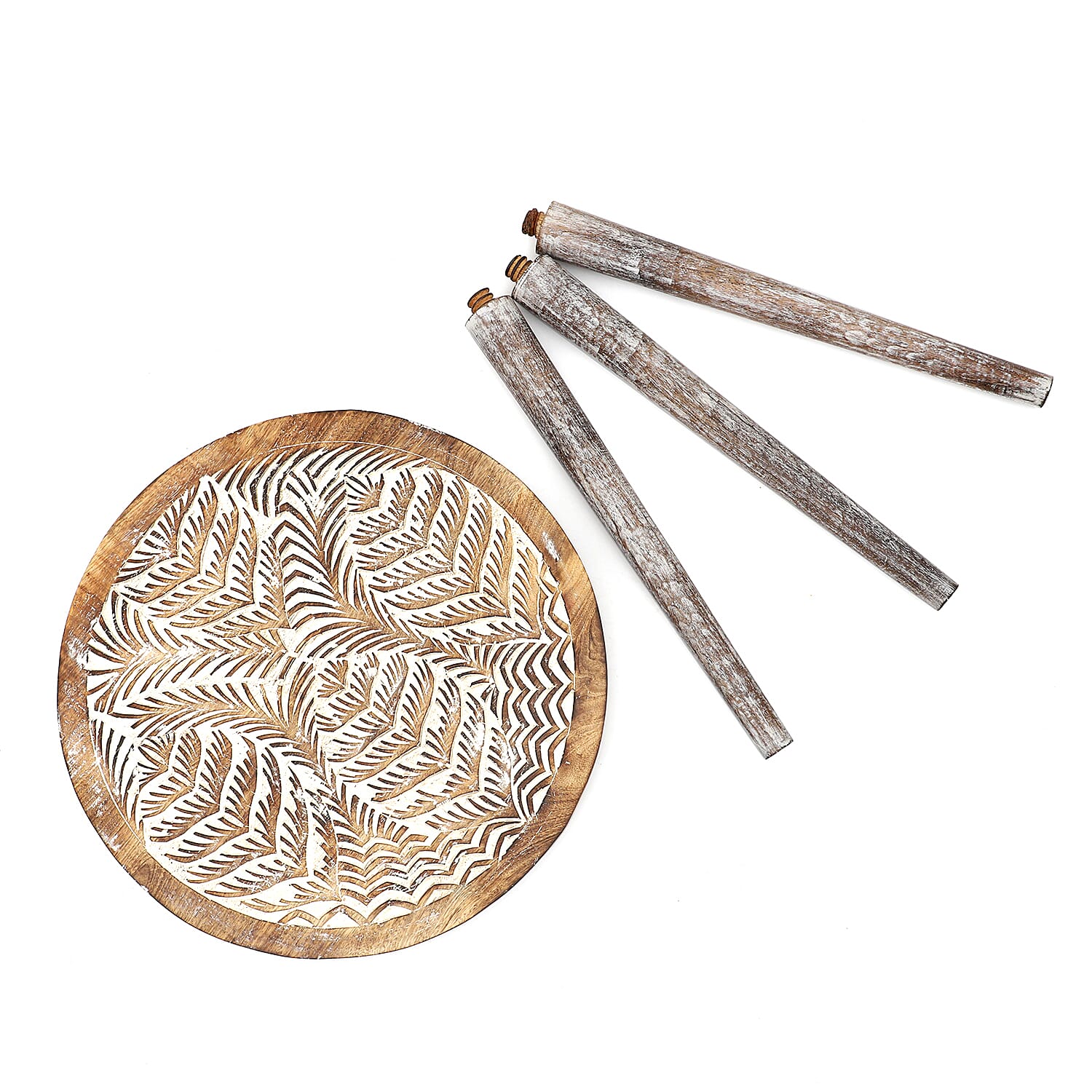 NAKKASHI Leaf Pattern Mango Wooden Table with Round Legs (Size 48x45 Cm)