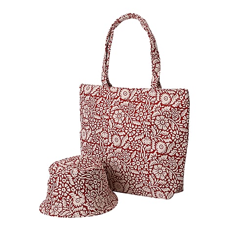 2 Piece Set - Viscose Handbag Floral Matching Stripe Pattern Hat & Tote Bag with Zipper Closure - Red & White
