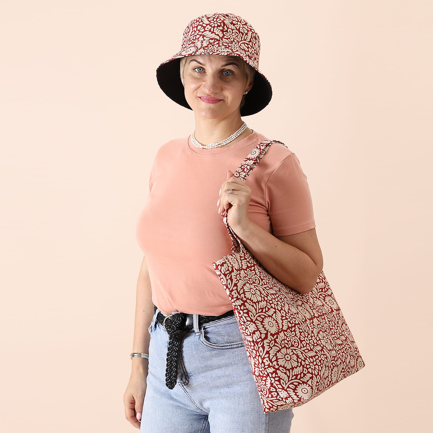 2 Piece Set - Viscose Handbag Floral Matching Stripe Pattern Hat Tote Bag and Zipper Closure - Navy & Multi