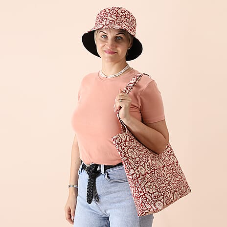 2 Piece Set - Viscose Handbag Floral Matching Stripe Pattern Hat & Tote Bag with Zipper Closure - Red & White
