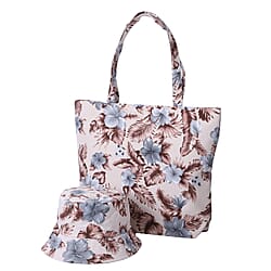2 Piece Set - Viscose Handbag Floral Matching Stripe Pattern Hat Tote Bag and Zipper Closure (Size:44x12x35Cm) - Pink & Grey