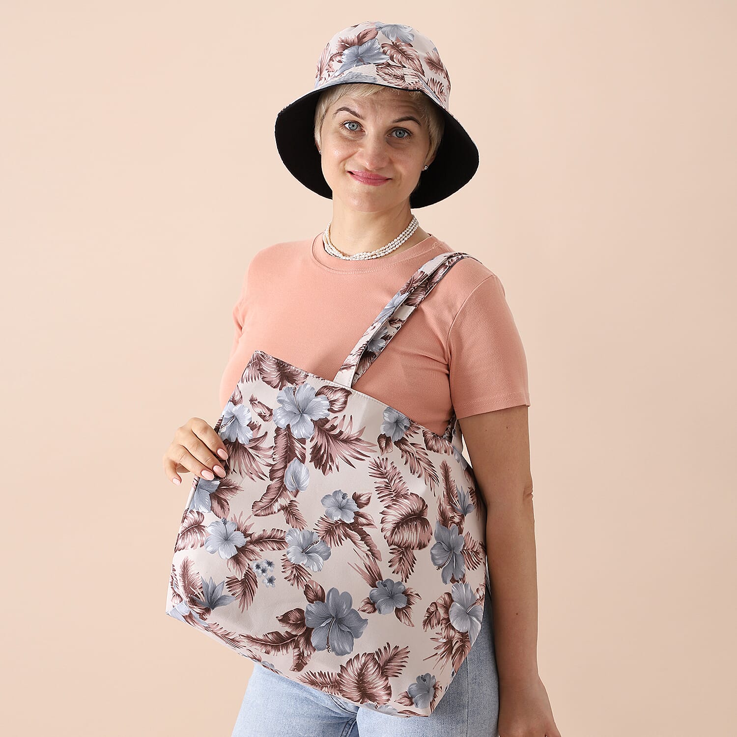 2 Piece Set - Viscose Handbag Floral Matching Stripe Pattern Hat Tote Bag and Zipper Closure - Navy & Multi