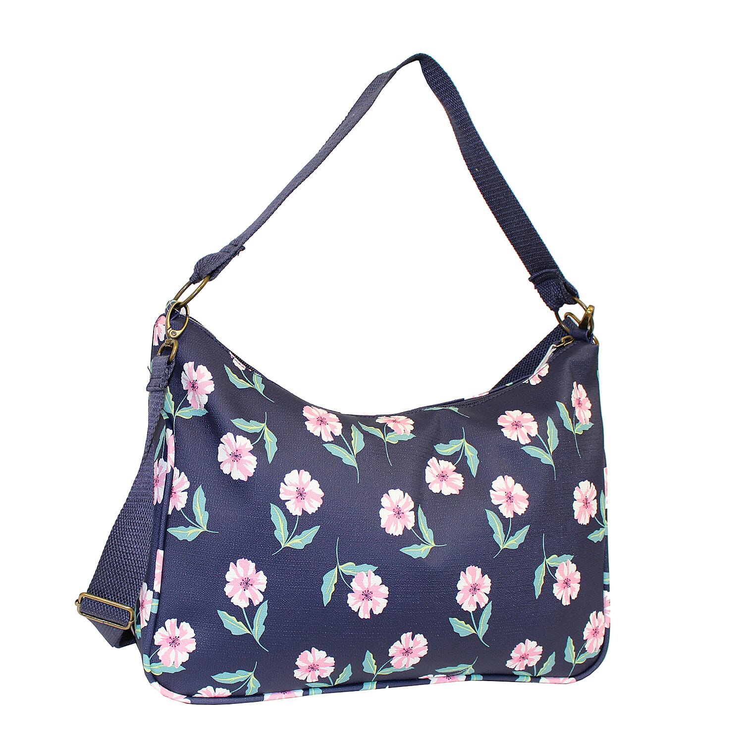 Nicole Brown Flower Pattern Shoulder Bag with 120cm Adjustable Strap in Navy (Size 25x35x12 cm)