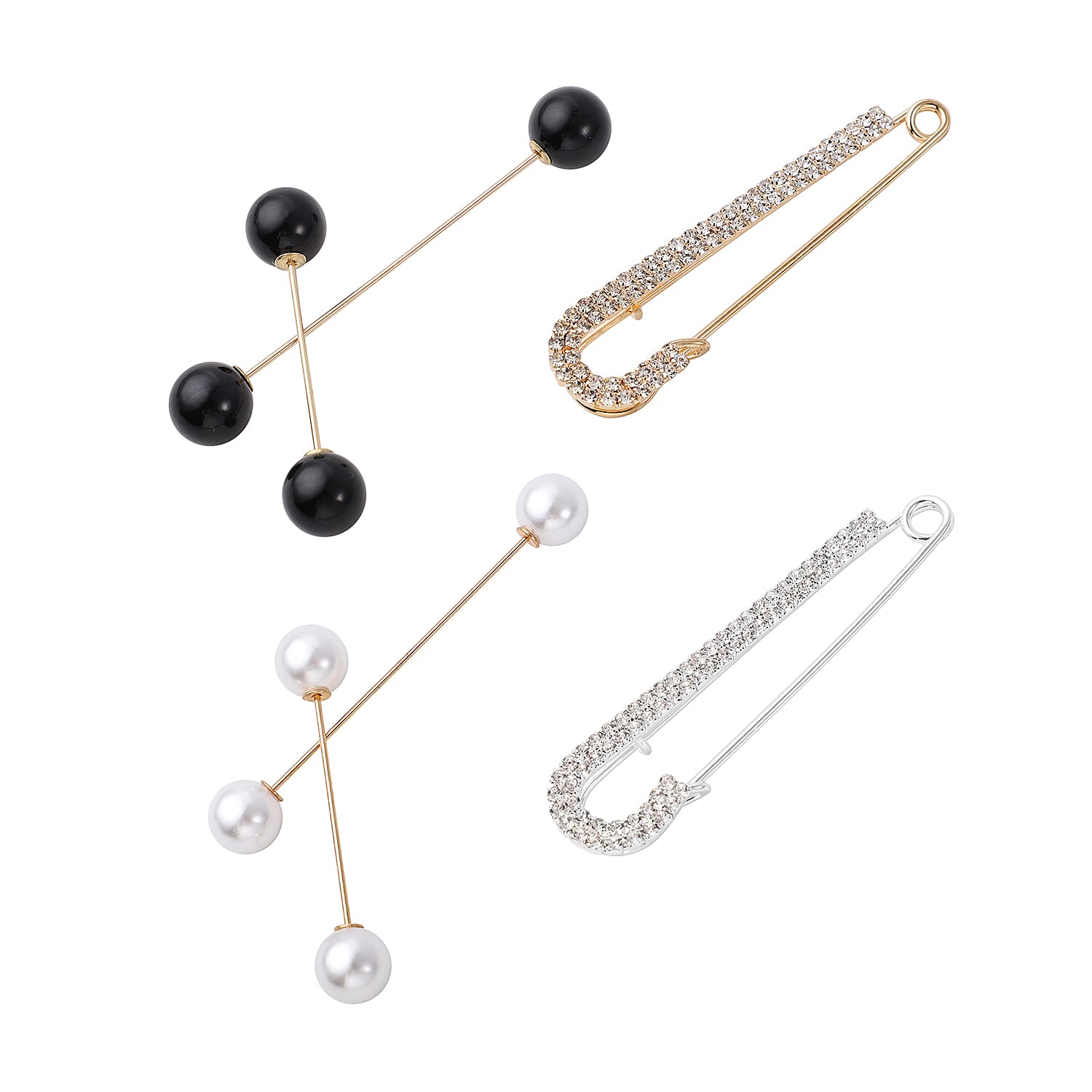 Set of 6 - Simulated Pearl and Crystal Brooch Pins
