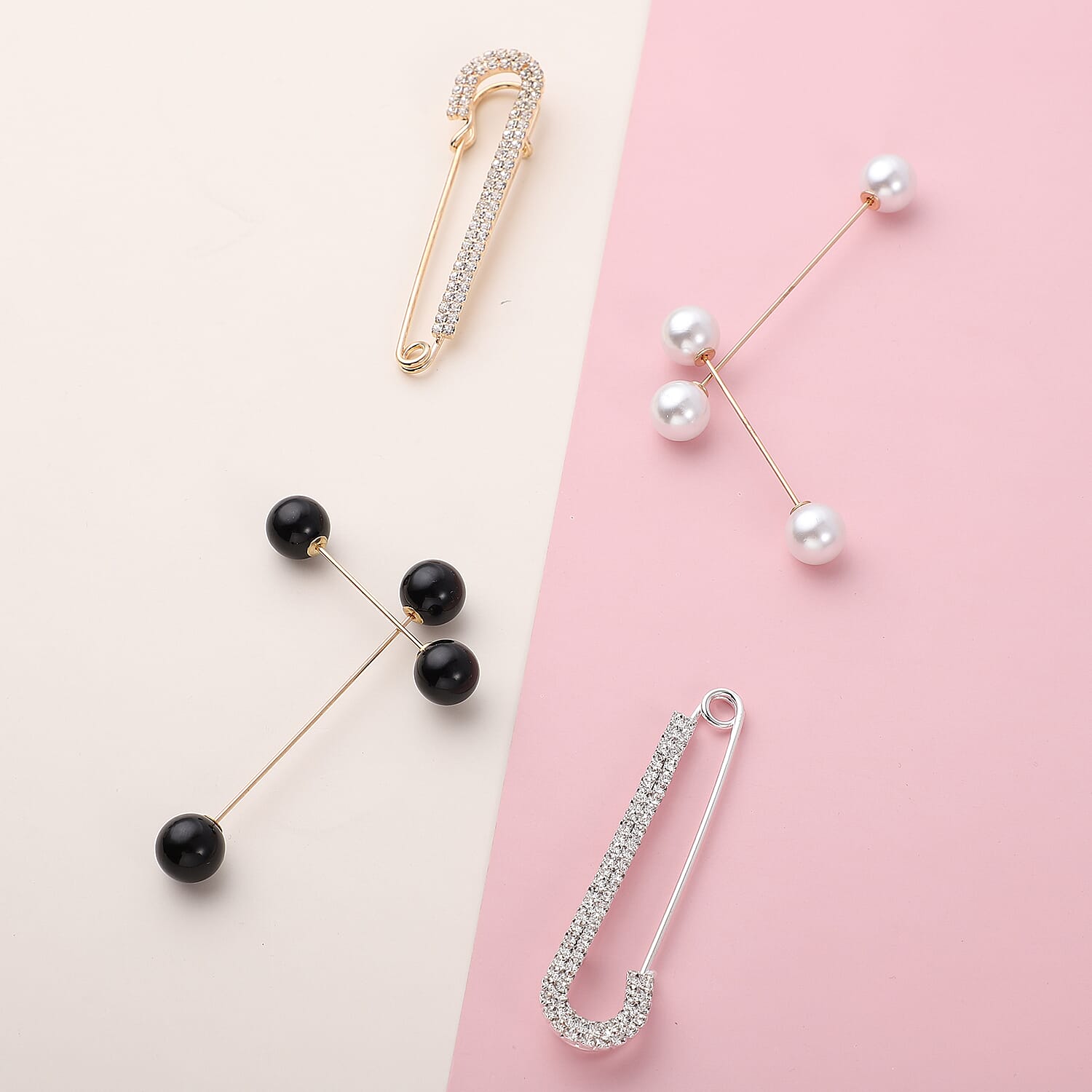 Set of 6 - Simulated Pearl and Crystal Brooch Pins