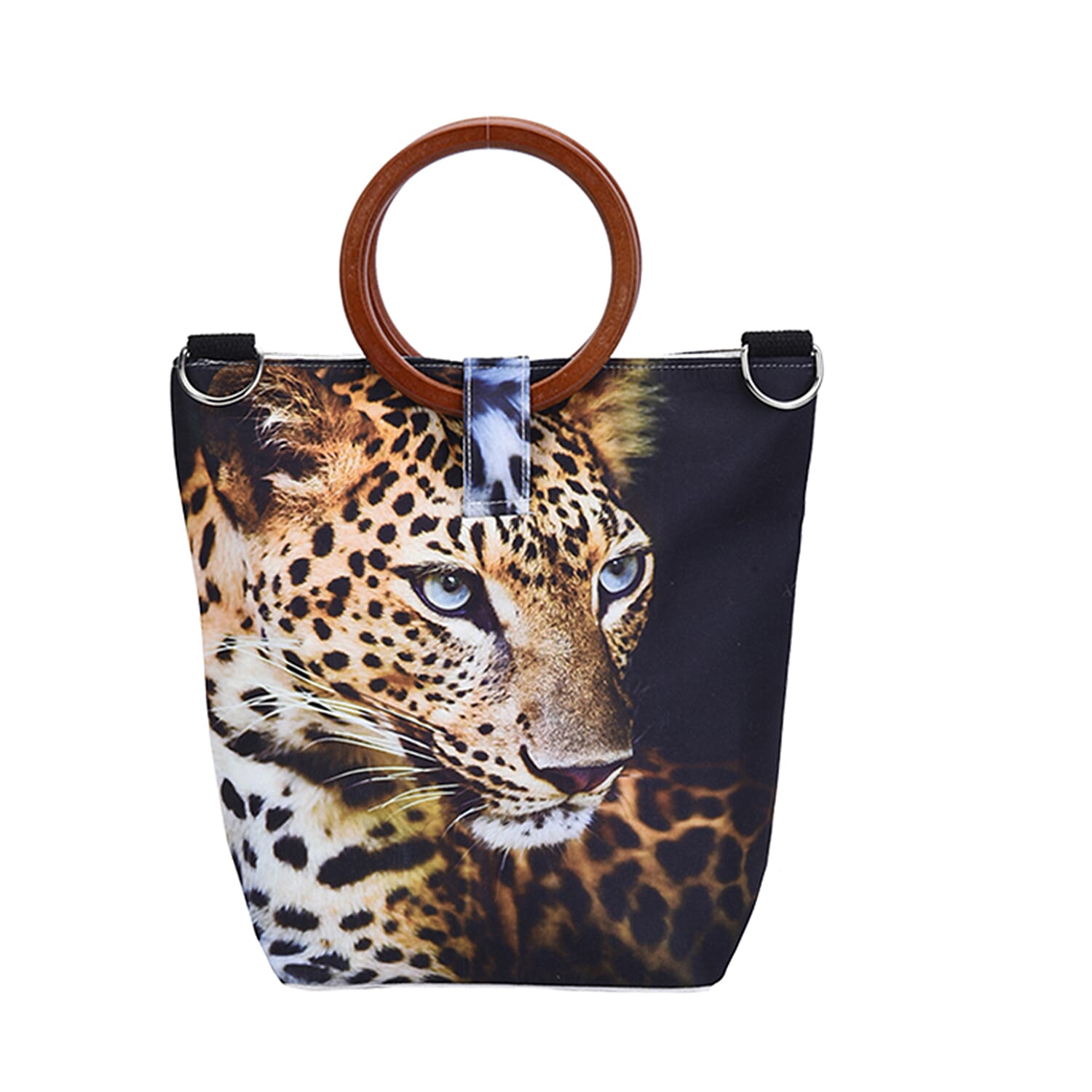 Stylish Leopard Head Pattern Tote Bag in Unique Wooden Handle Drops with Zipper Closure (Size:32x12x29Cm) - Black and Yellow