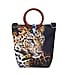 Stylish Leopard Head Pattern Tote Bag in Unique Wooden Handle Drops with Zipper Closure (Size:32x12x29Cm) - Black and Yellow
