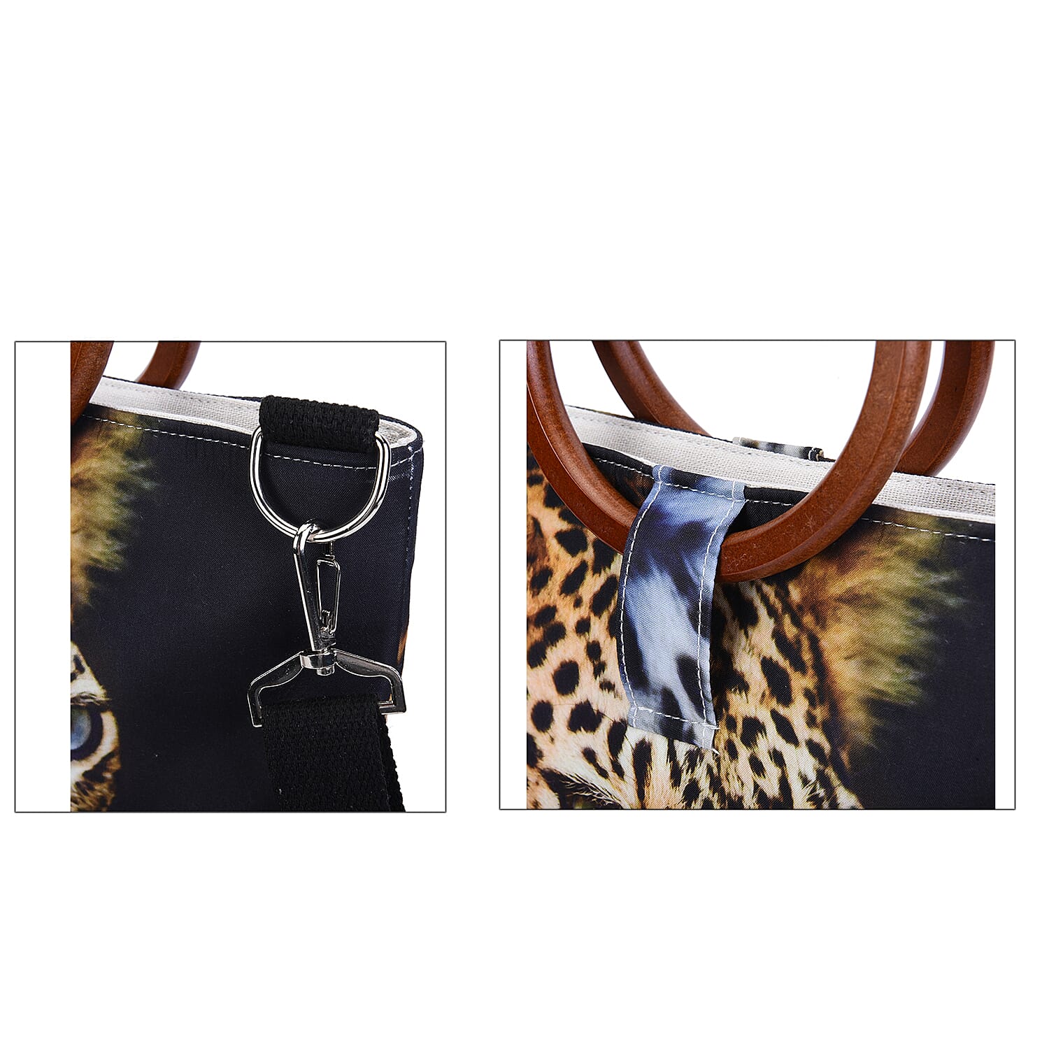 Stylish Leopard Head Pattern Tote Bag in Unique Wooden Handle Drops with Zipper Closure (Size:32x12x29Cm) - Black and Yellow