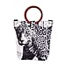 Stylish Leopard Head Pattern Tote Bag in Unique Wooden Handle Drops with Zipper Closure (Size:32x12x29Cm) - Black and White