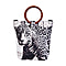Stylish Leopard Head Pattern Tote Bag in Unique Wooden Handle Drops with Zipper Closure (Size:32x12x29Cm) - Black and White