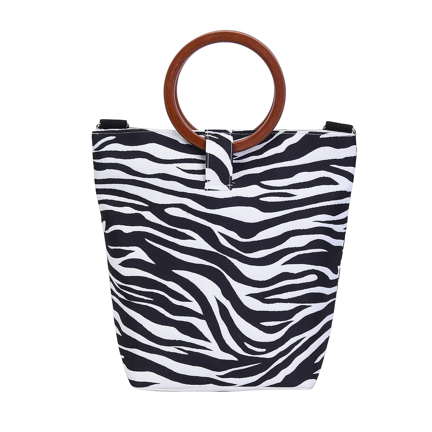 Impressive Zebra Head Pattern Tote Bag in Unique Wooden Handle Drops with Zipper Closure (Size:32x12x29Cm) - Black and White