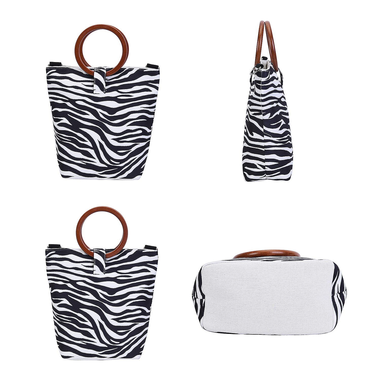Impressive Zebra Head Pattern Tote Bag in Unique Wooden Handle Drops with Zipper Closure (Size:32x12x29Cm) - Black and White