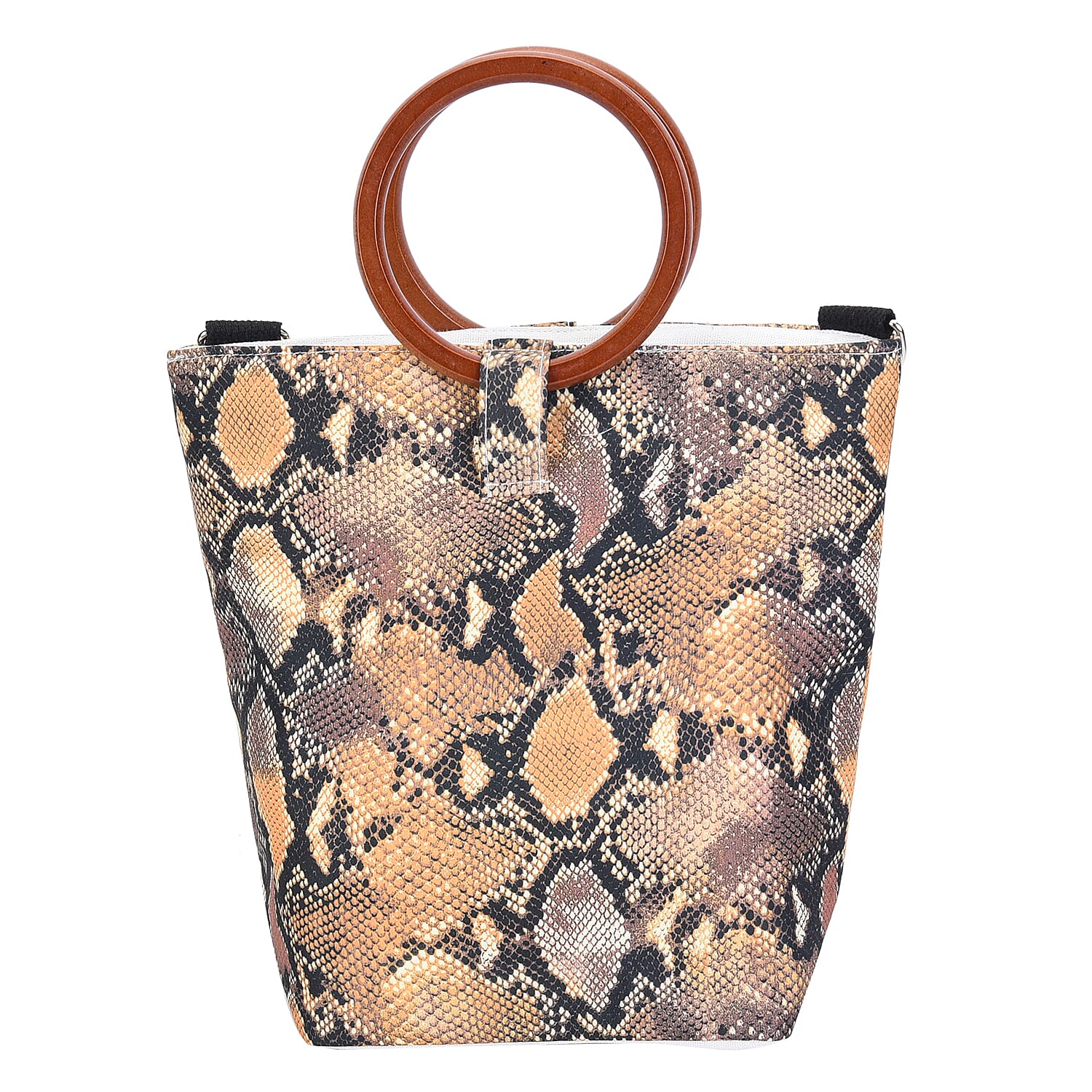 Snake Head Pattern Tote Bag in Unique Wooden Handle Drops with Zipper Closure (Size 32x29x12 cm) - Black and Yellow