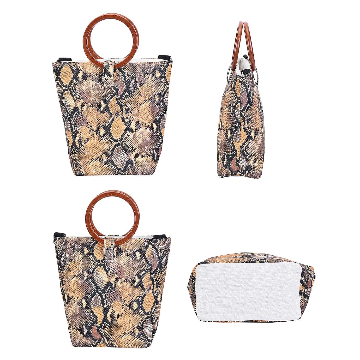 Snake Head Pattern Tote Bag in Unique Wooden Handle Drops with Zipper Closure (Size 32x29x12 cm) - Black and Yellow