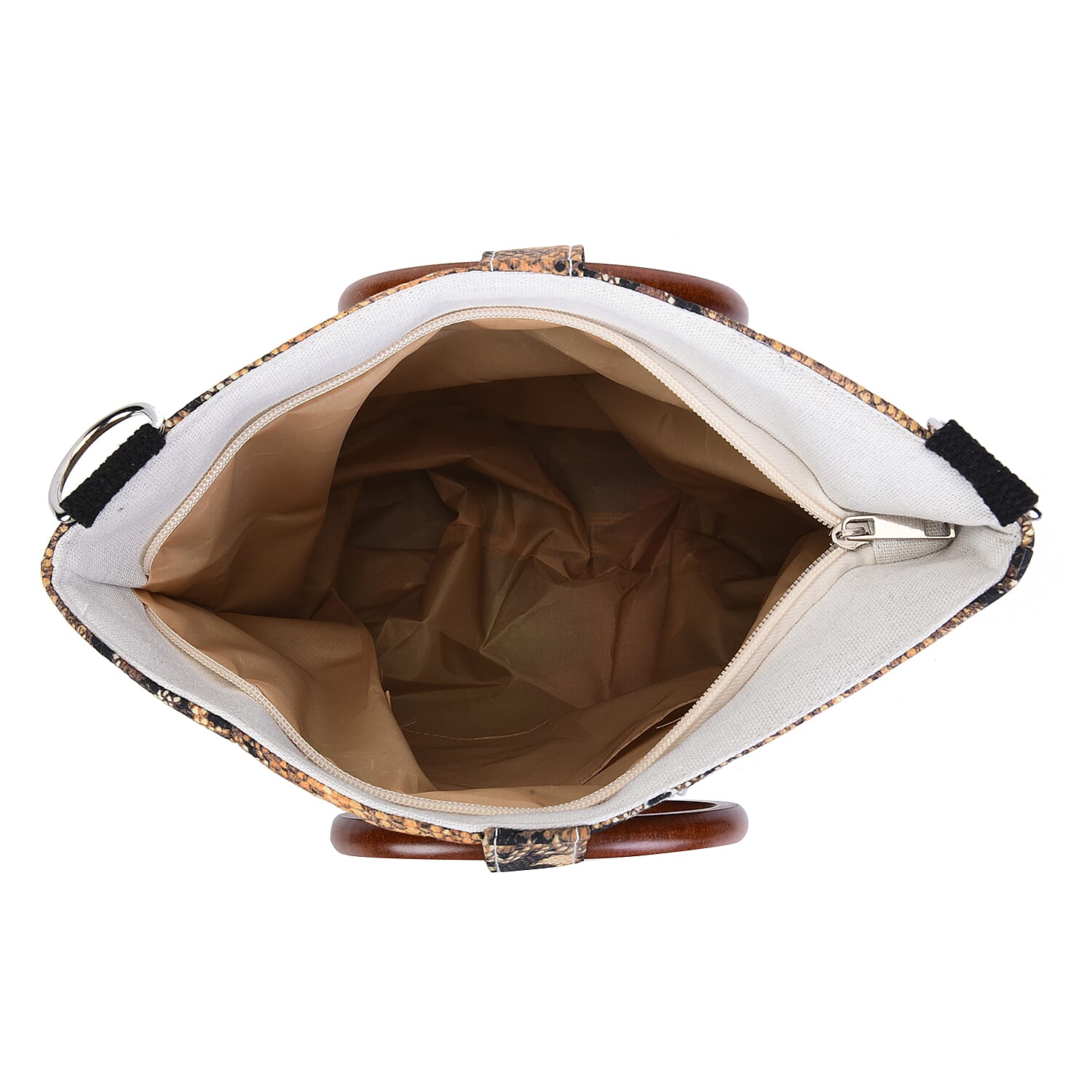 Snake Head Pattern Tote Bag in Unique Wooden Handle Drops with Zipper Closure (Size 32x29x12 cm) - Black and Yellow