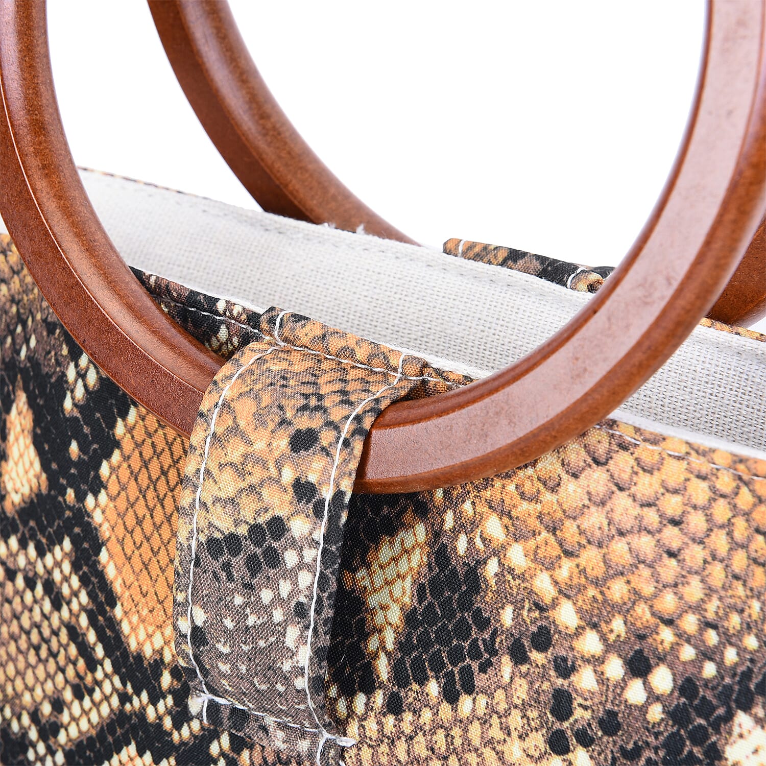 Snake Head Pattern Tote Bag in Unique Wooden Handle Drops with Zipper Closure (Size 32x29x12 cm) - Black and Yellow