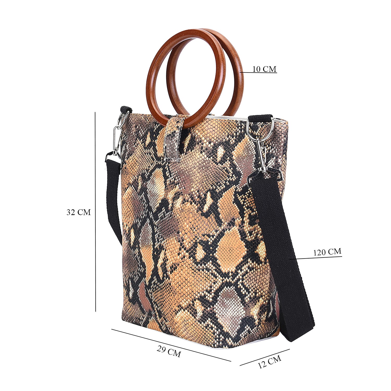 Snake Head Pattern Tote Bag in Unique Wooden Handle Drops with Zipper Closure (Size 32x29x12 cm) - Black and Yellow