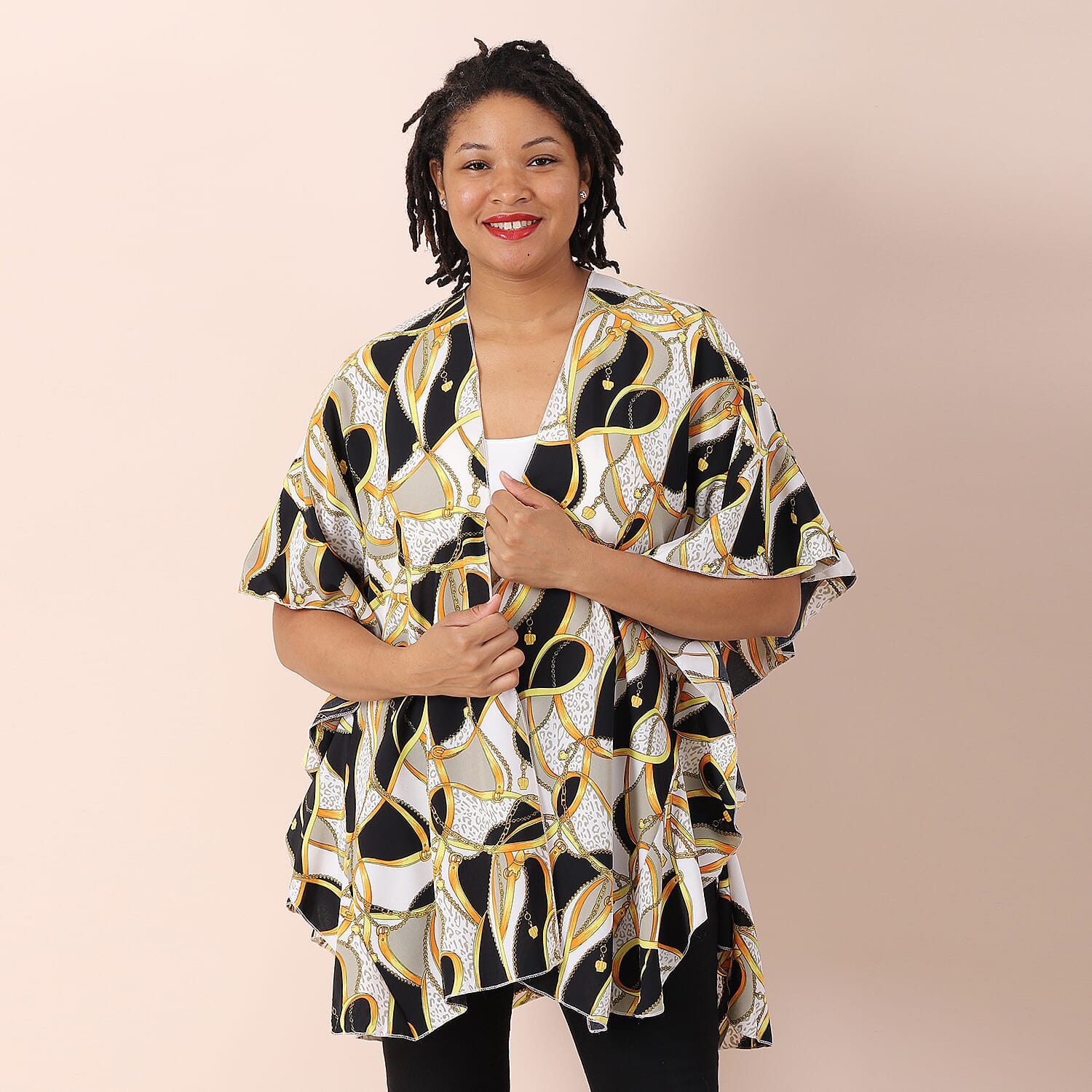 JOVIE Printed Kimono with Ruffle Sleeves - White, Black - Multi Colour