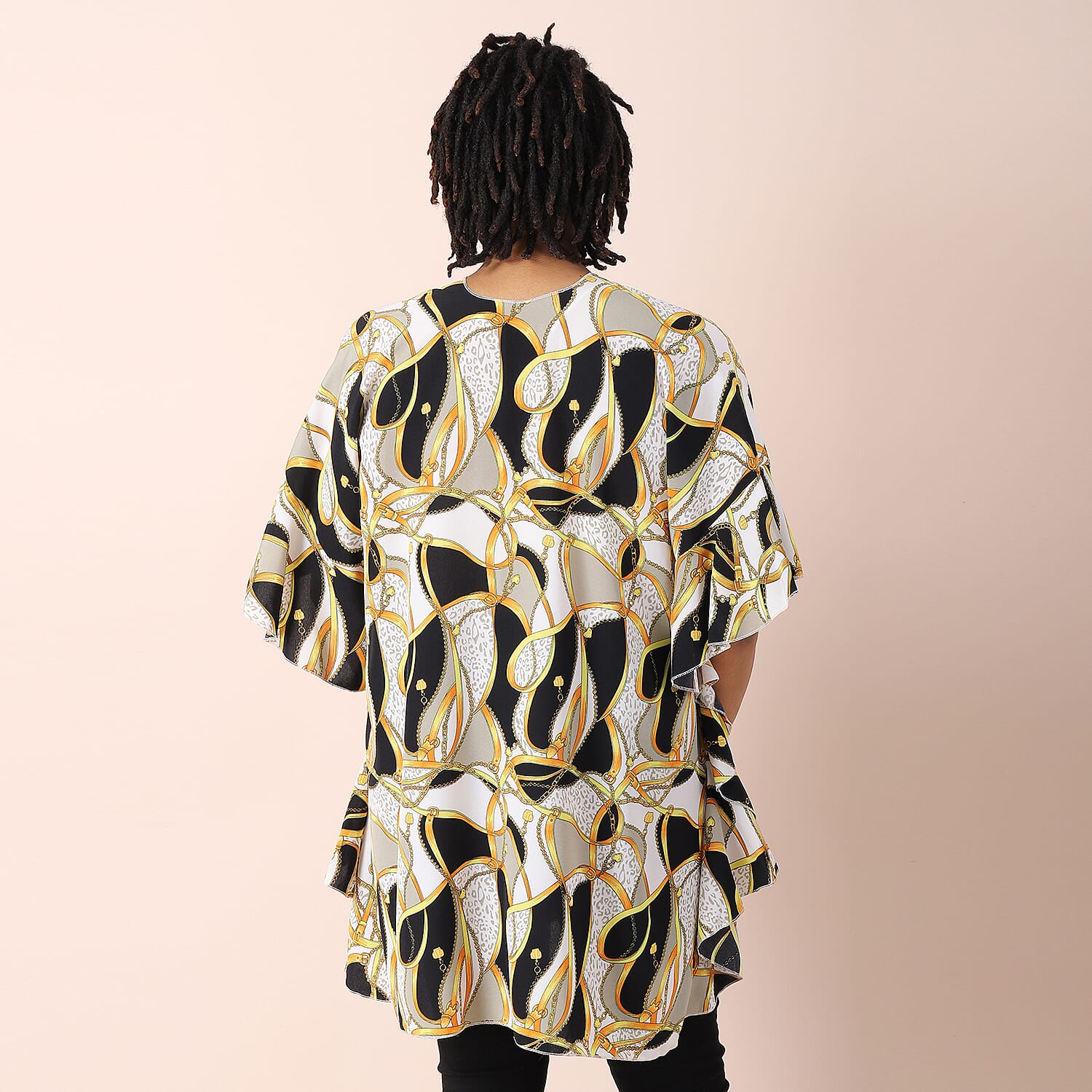 JOVIE Printed Kimono with Ruffle Sleeves - White, Black - Multi Colour