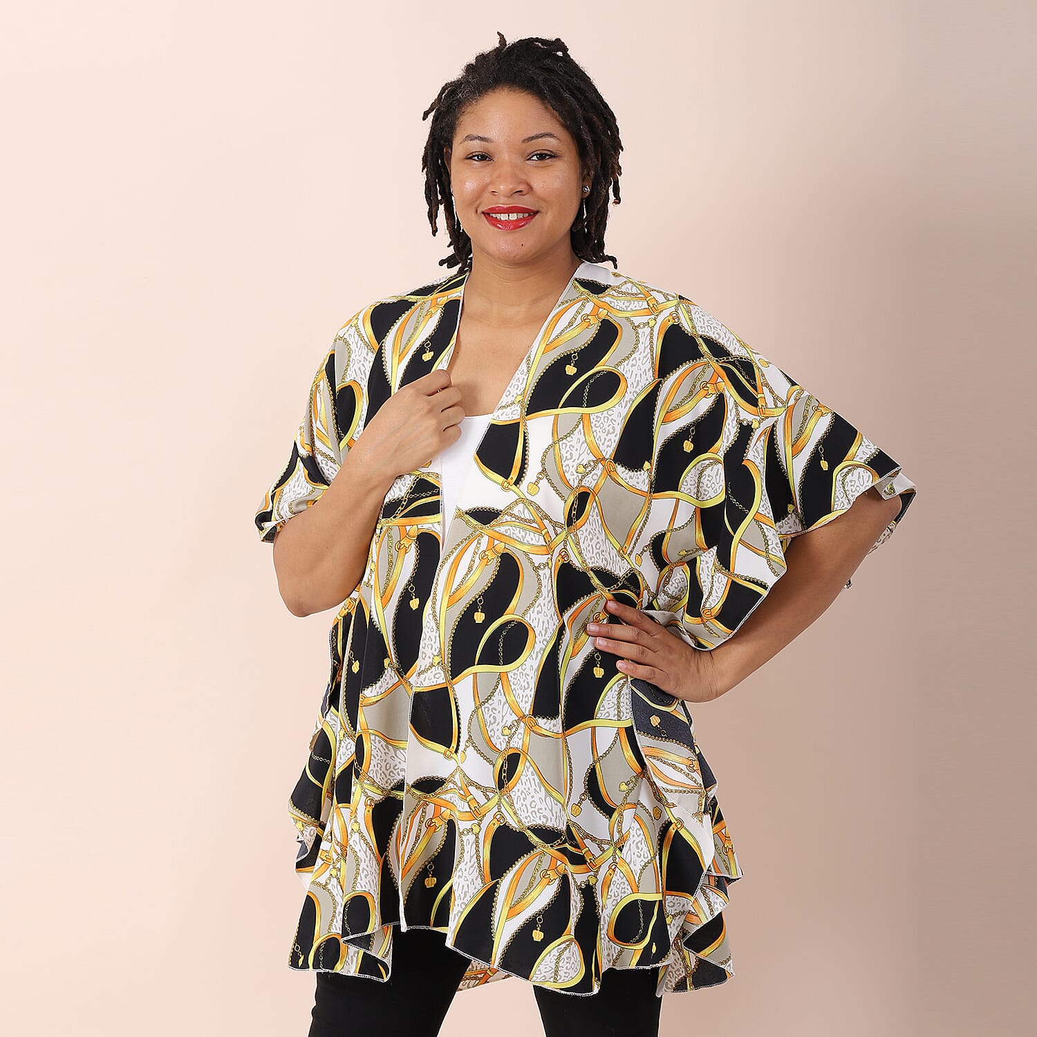 JOVIE Printed Kimono with Ruffle Sleeves - White, Black - Multi Colour