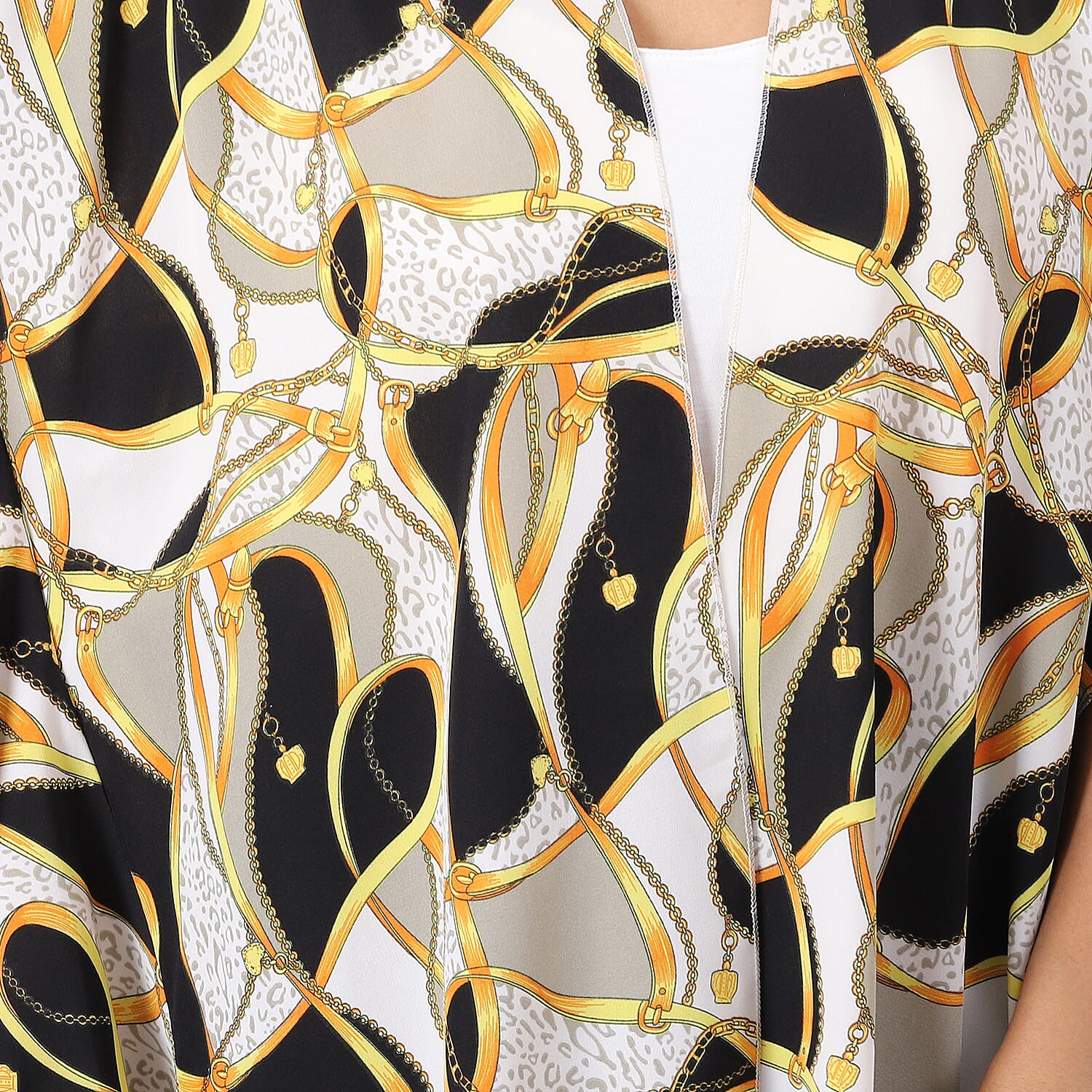 JOVIE Printed Kimono with Ruffle Sleeves - White, Black - Multi Colour