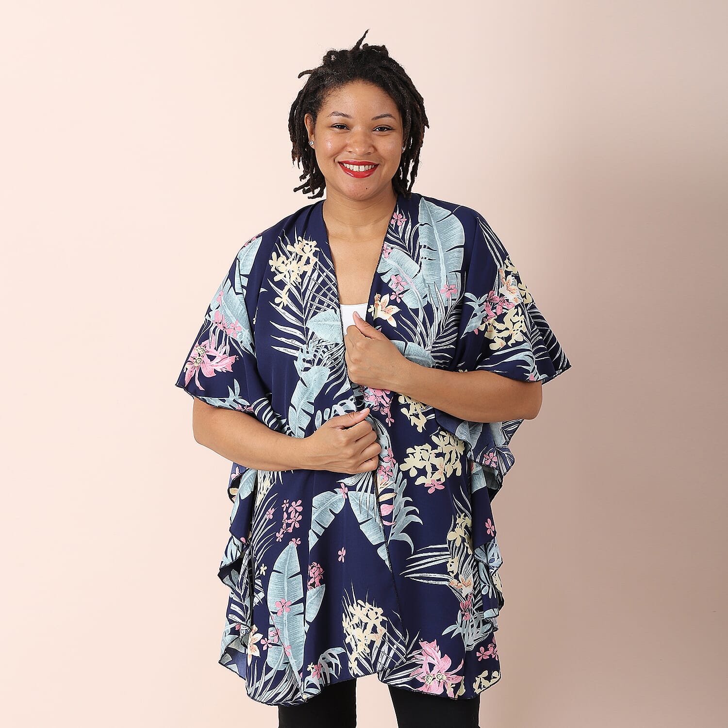JOVIE Floral - Leaves Pattern Kimono with Ruffle Sleeves (Size 72x82 cm) - Navy