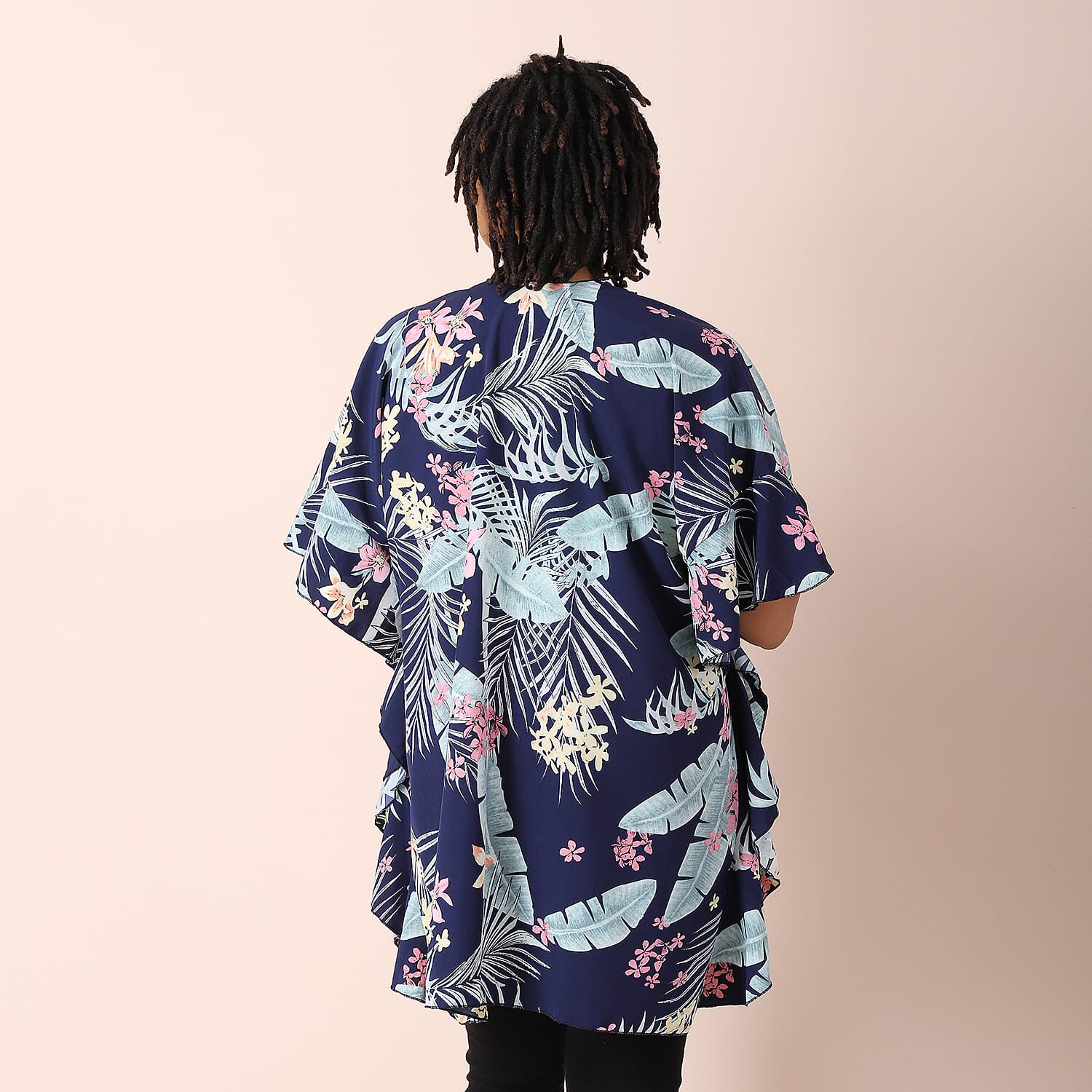 JOVIE Floral - Leaves Pattern Kimono with Ruffle Sleeves (Size 72x82 cm) - Navy