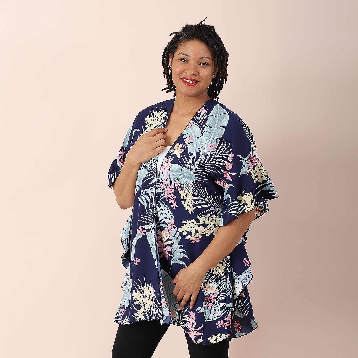JOVIE Floral - Leaves Pattern Kimono with Ruffle Sleeves (Size 72x82 cm) - Navy
