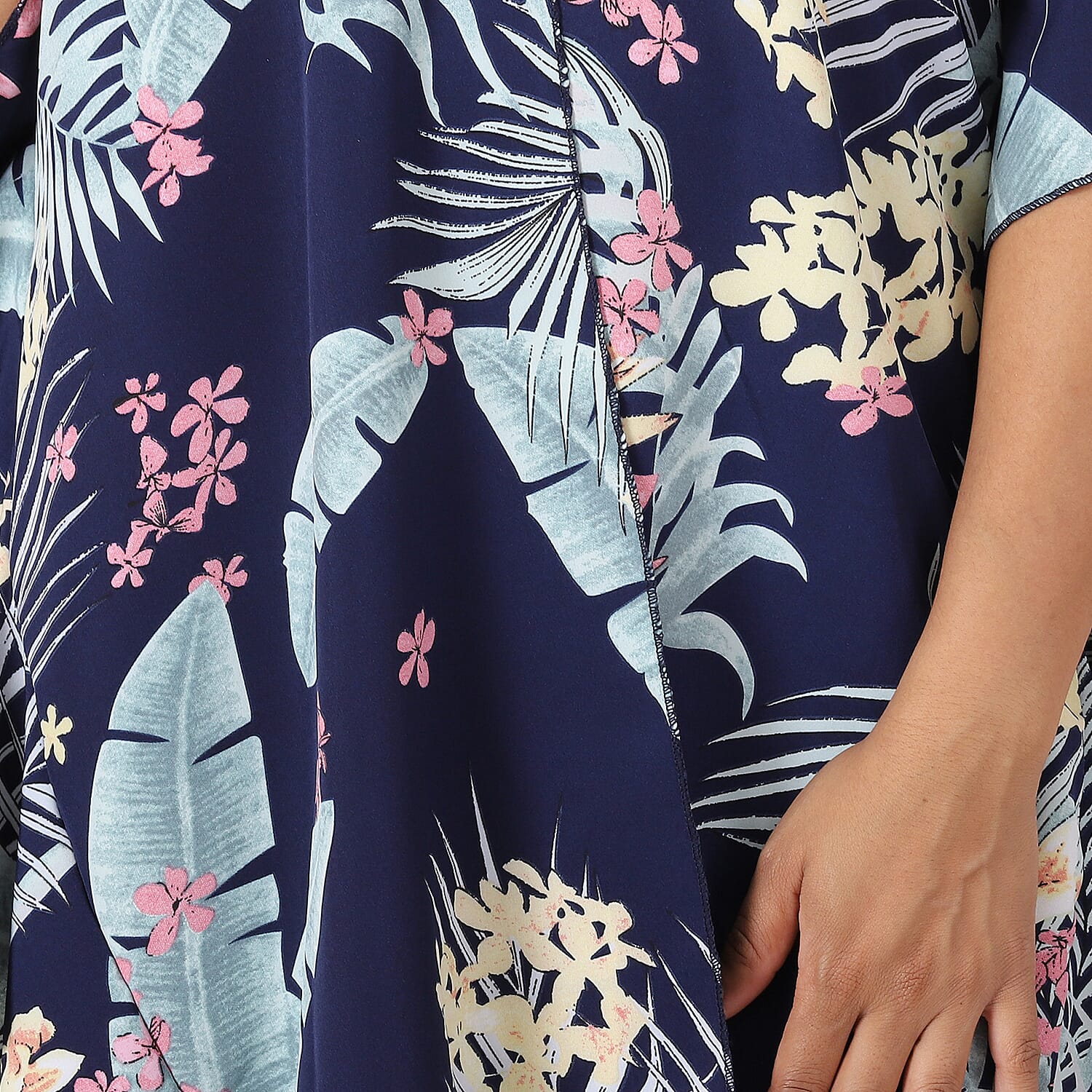 JOVIE Floral - Leaves Pattern Kimono with Ruffle Sleeves (Size 72x82 cm) - Navy