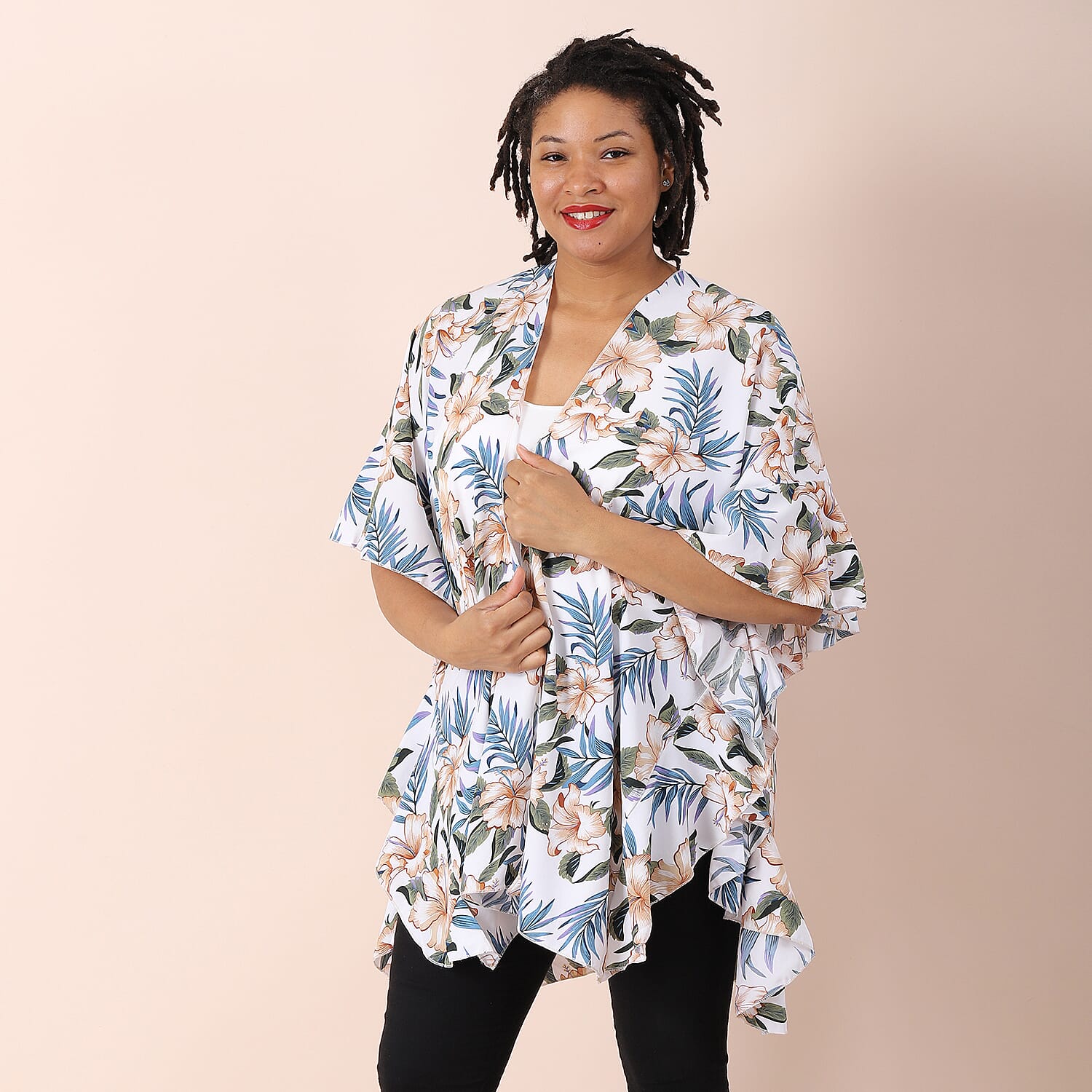 JOVIE Hibicus Floral Pattern Kimono with Ruffle Sleeves (Size 80x93cm) - White