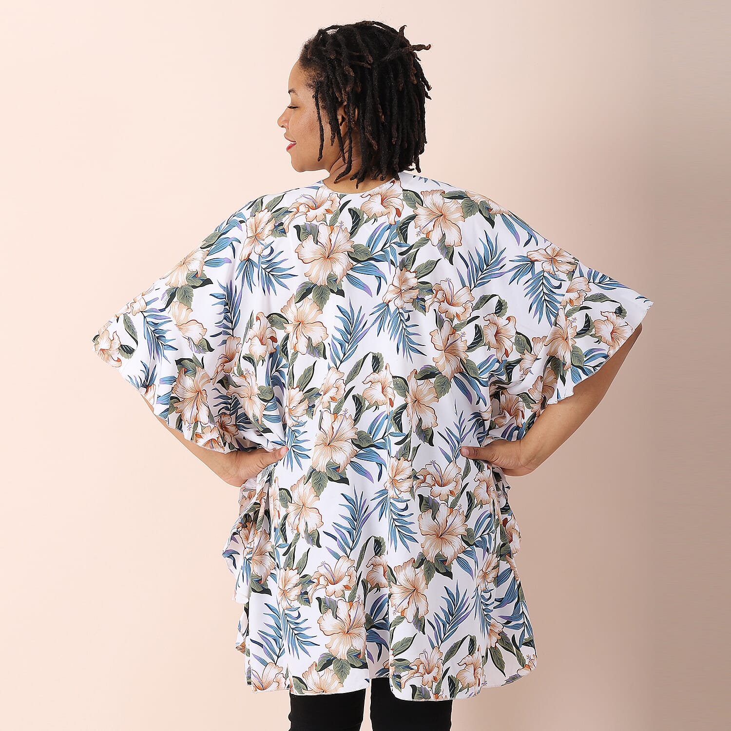JOVIE Hibicus Floral Pattern Kimono with Ruffle Sleeves (Size 80x93cm) - White